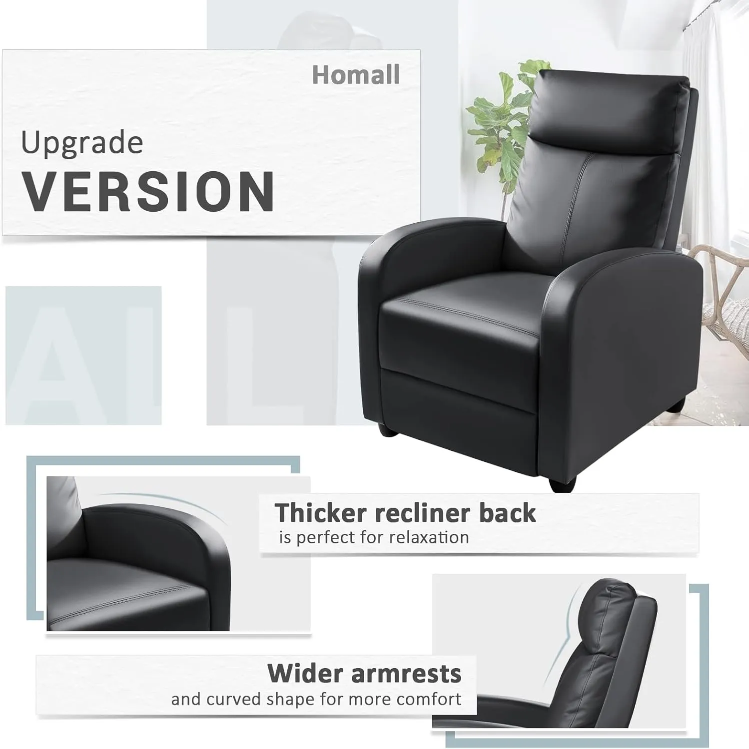 Homall Recliner Chair, Recliner Sofa for Adults, Recliners Home Theater Seating with Lumbar Support, Reclining Sofa Chair for Living Room (Leather, Dark Black)