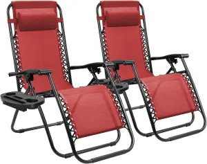 Homall Zero Gravity Chair Patio Folding Lawn Lounge Chairs Outdoor Lounge Gravity Chair Camp Reclining Lounge Chair with Cup Holder Pillows for Poolside Backyard and Beach Set of 2 (Red)
