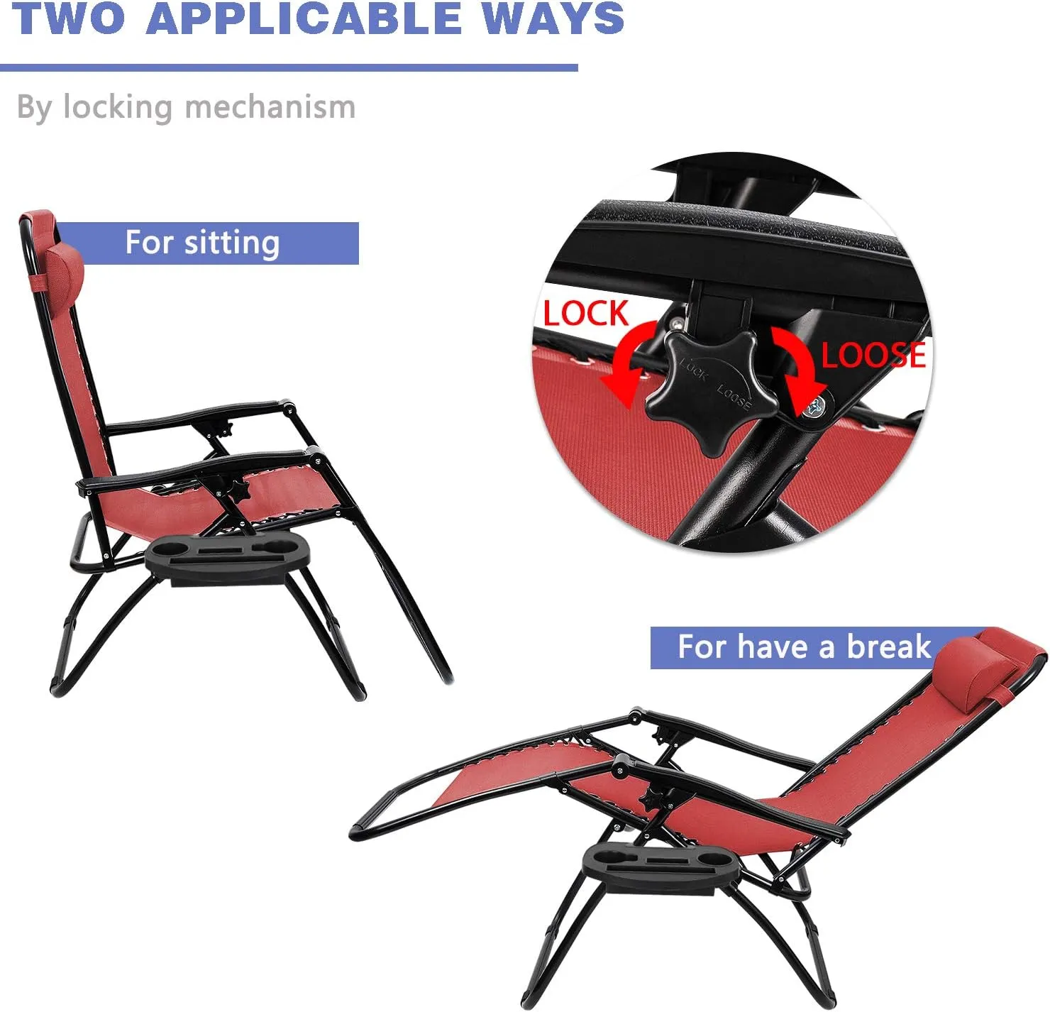 Homall Zero Gravity Chair Patio Folding Lawn Lounge Chairs Outdoor Lounge Gravity Chair Camp Reclining Lounge Chair with Cup Holder Pillows for Poolside Backyard and Beach Set of 2 (Red)