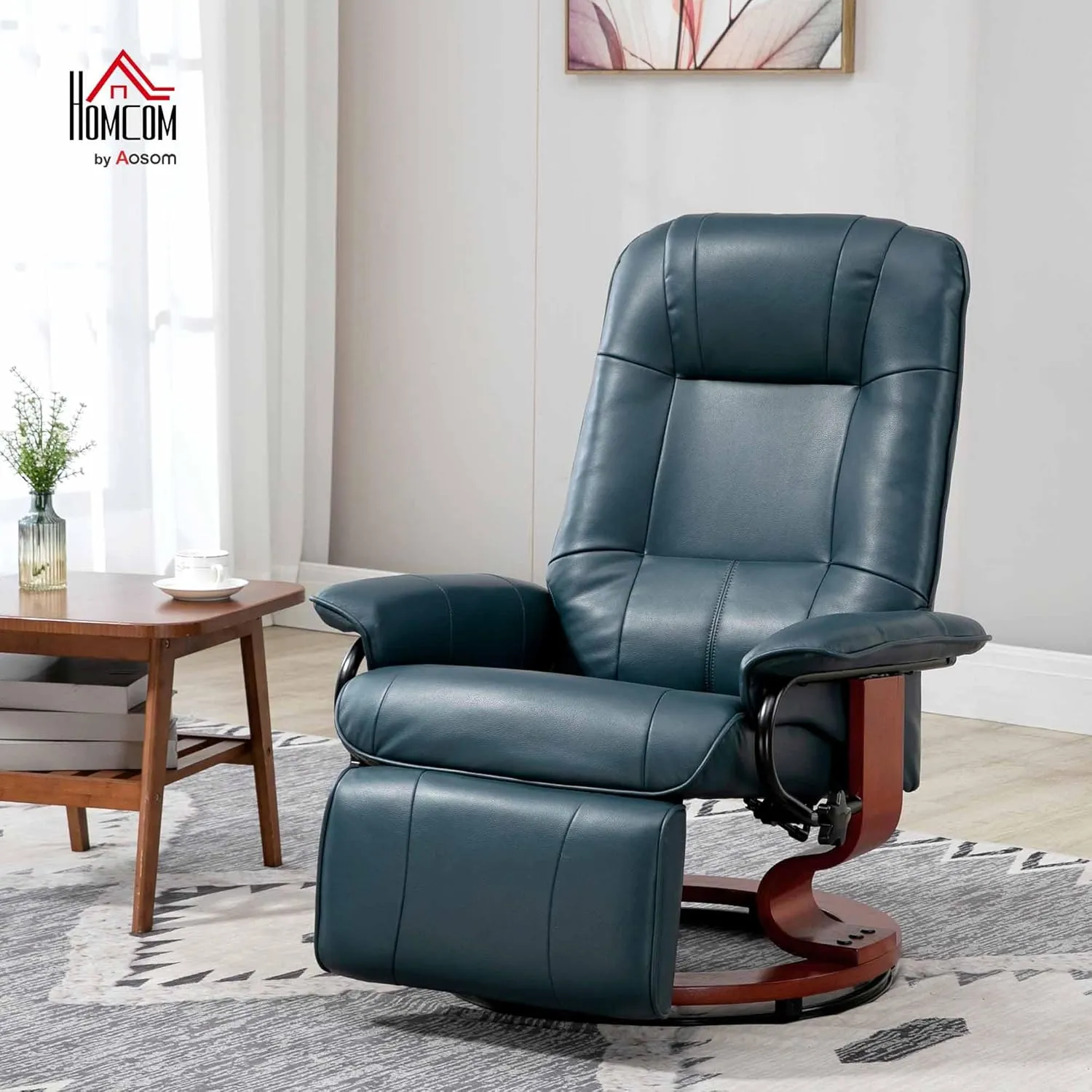 HOMCOM Faux Leather Manual Recliner, Adjustable Swivel Lounge Chair with Footrest, Armrest and Wrapped Wood Base for Living Room, Blue
