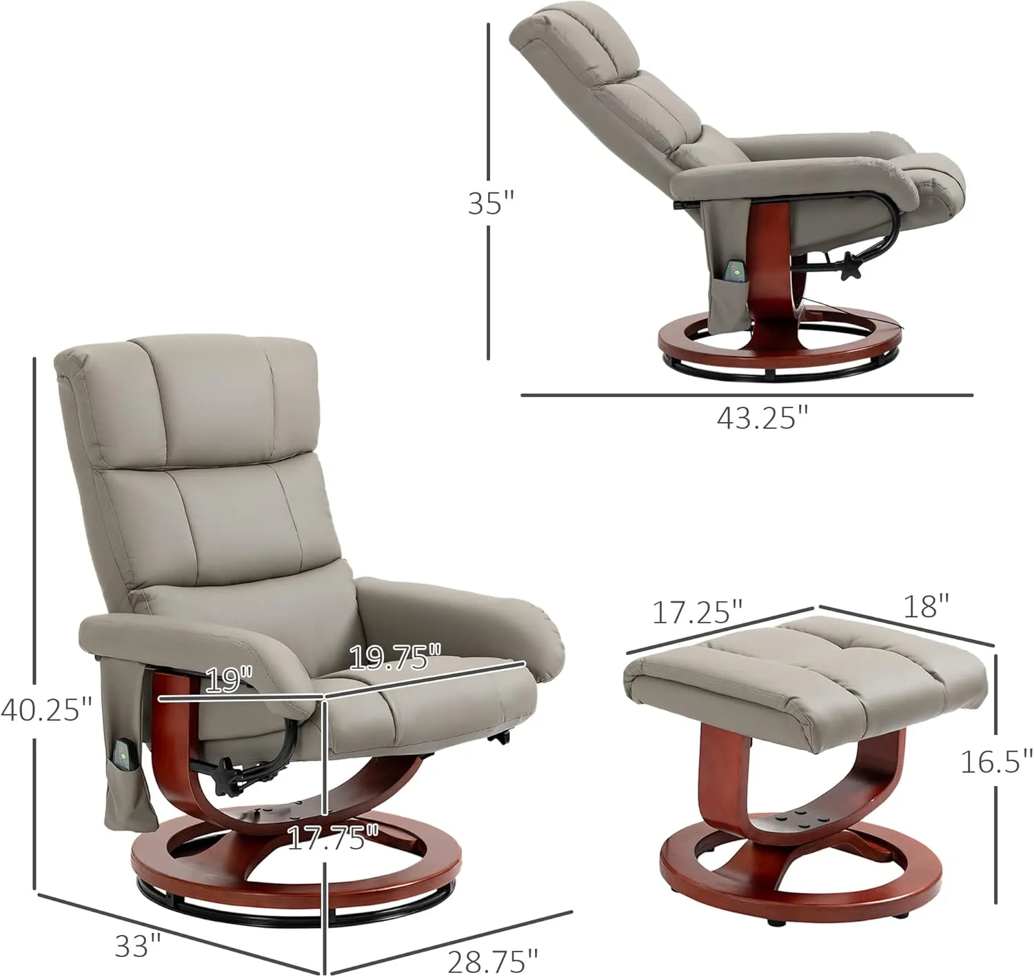 HOMCOM Massage Recliner Chair with Ottoman, Swivel Recliner and Footrest, Faux Leather Reclining Chair with Remote Control, 10 Vibration Point and Side Pocket, Gray