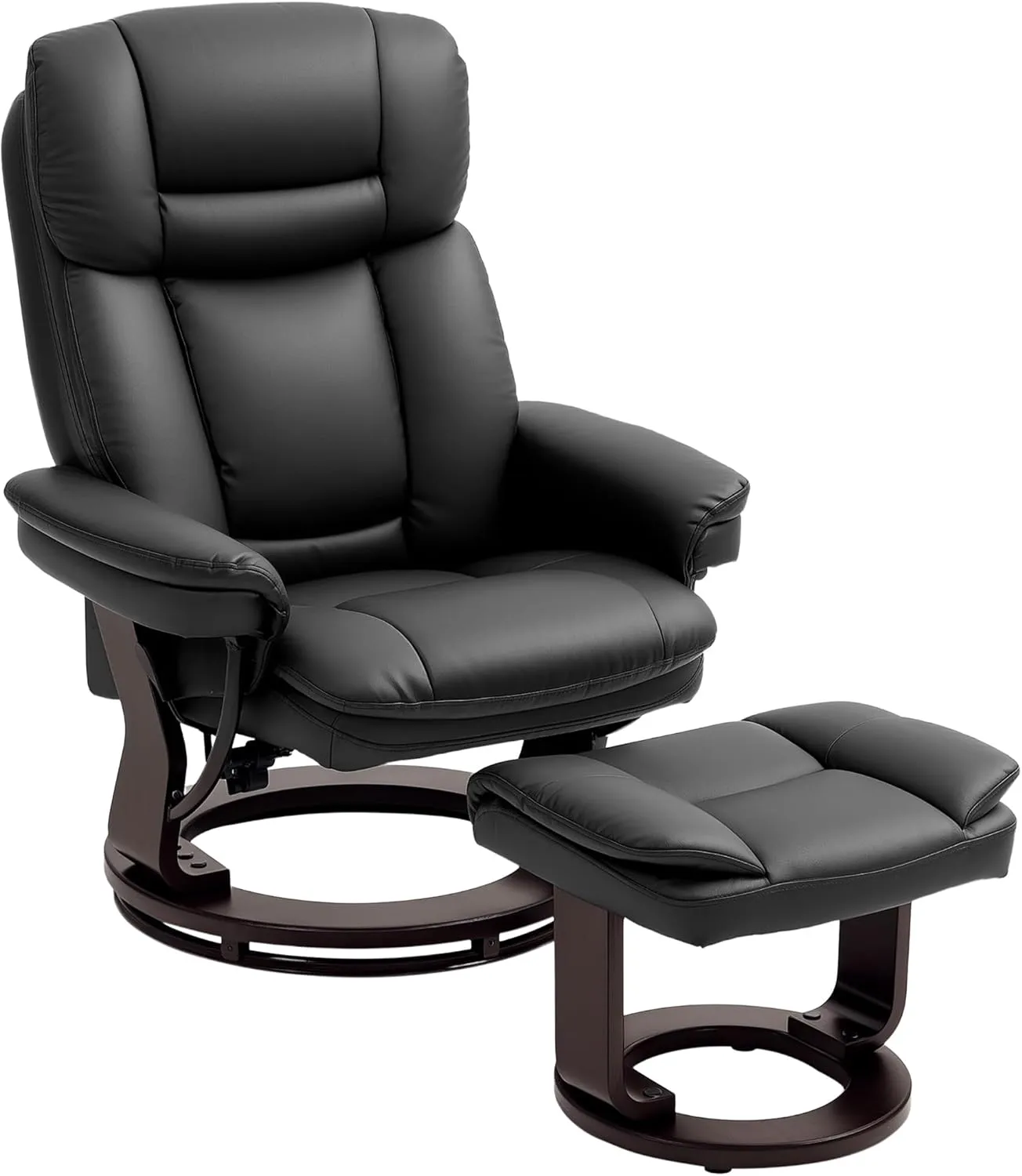 HOMCOM Swivel Recliner Chair with Ottoman, PU Leather Recliner with Adjustable Backrest, Footrest, Wood Base, Upholstered Reclining Chair for Living Room, Bedroom, Office, Black