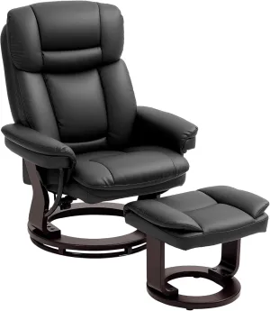 HOMCOM Swivel Recliner Chair with Ottoman, PU Leather Recliner with Adjustable Backrest, Footrest, Wood Base, Upholstered Reclining Chair for Living Room, Bedroom, Office, Black