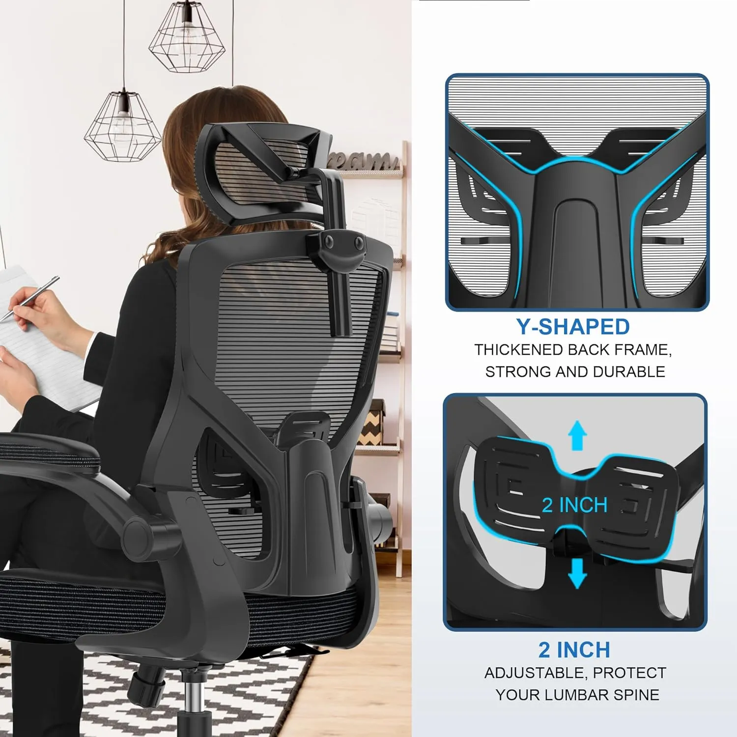 Home Office Chair, Ergonomic Comfy Desk Chair, High Back Computer Chair- Adjustable Headrest with Flip-Up Arms, Lumbar Support, Swivel Executive Task Chair (Modern, Black)