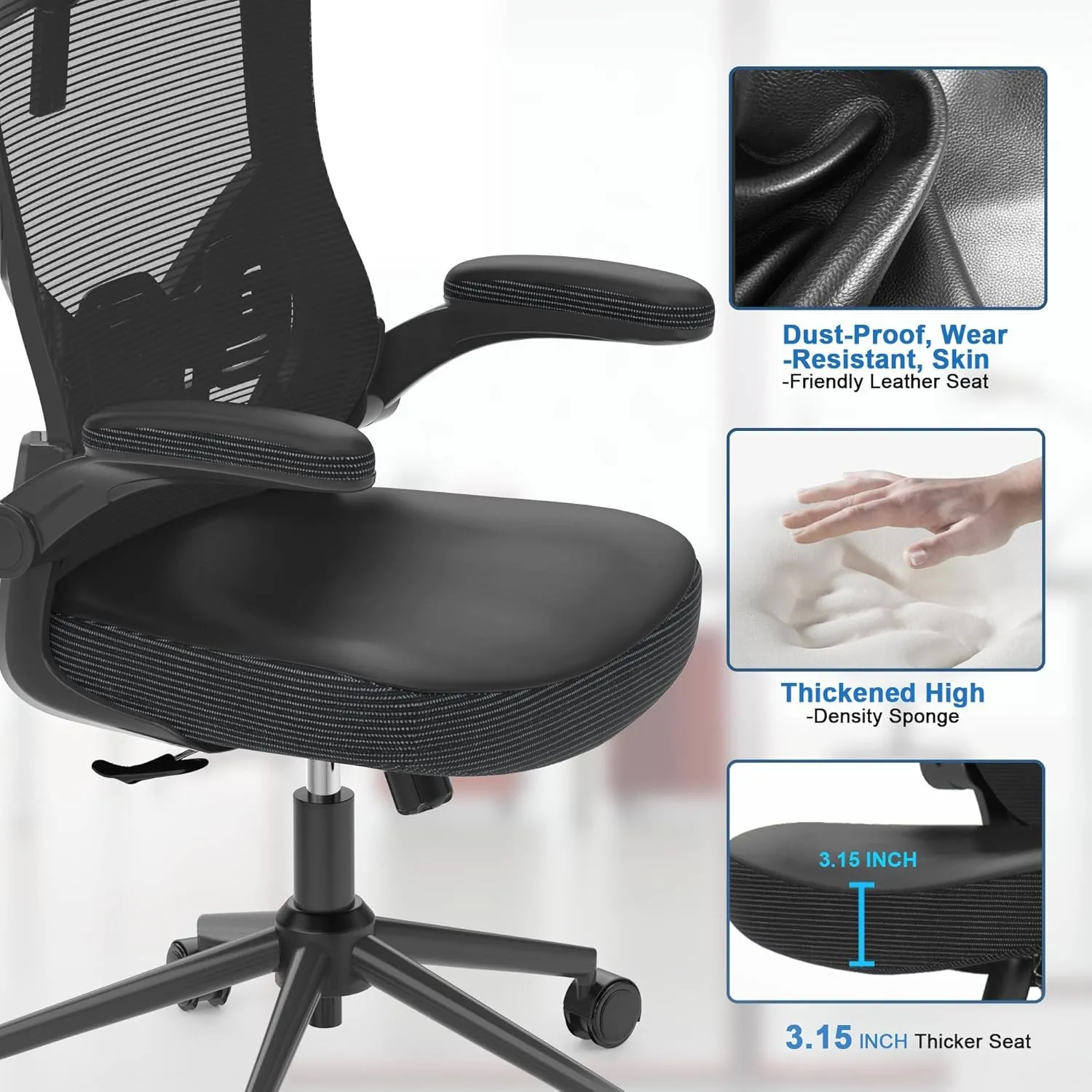 Home Office Chair, Ergonomic Comfy Desk Chair, High Back Computer Chair- Adjustable Headrest with Flip-Up Arms, Lumbar Support, Swivel Executive Task Chair (Modern, Black)