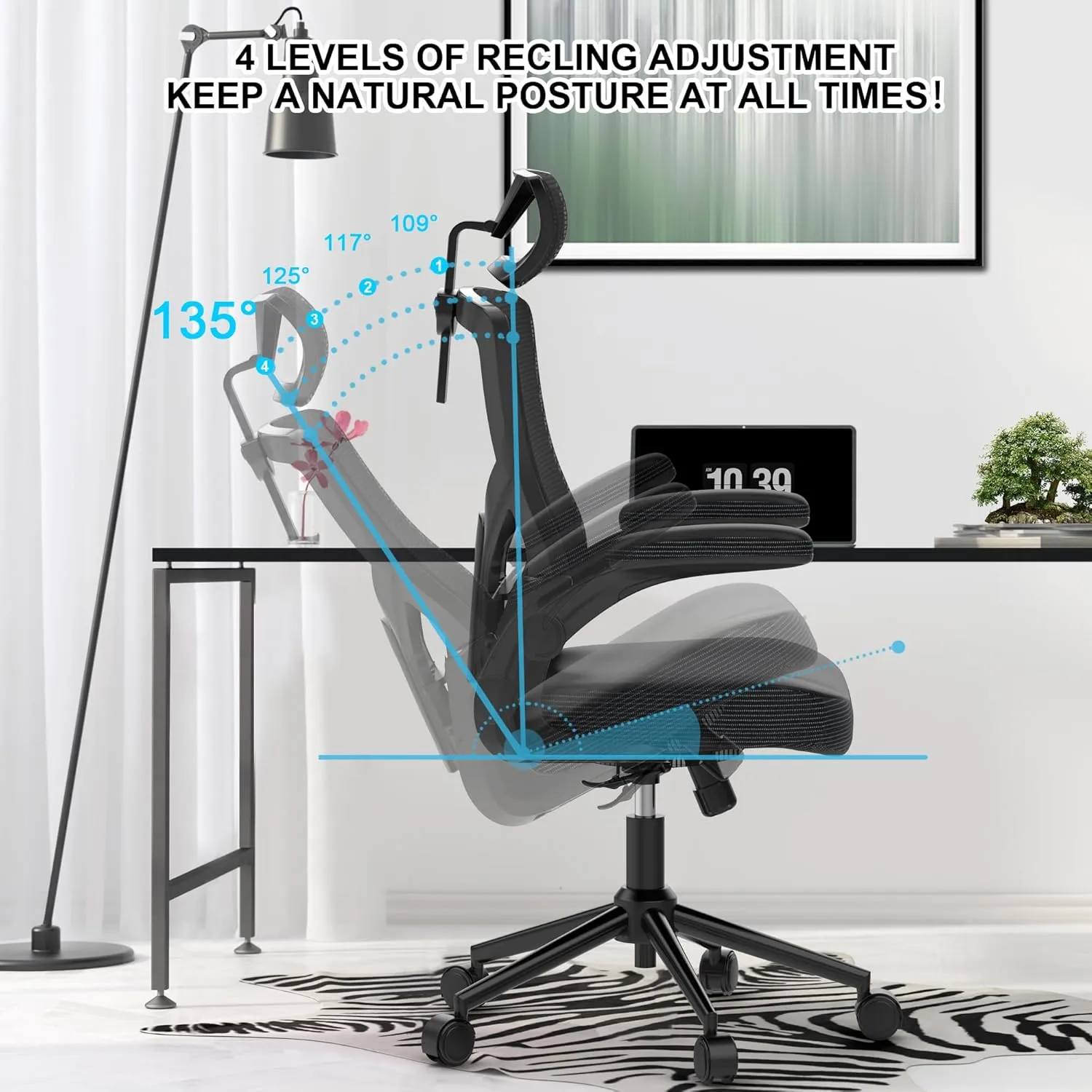 Home Office Chair, Ergonomic Comfy Desk Chair, High Back Computer Chair- Adjustable Headrest with Flip-Up Arms, Lumbar Support, Swivel Executive Task Chair (Modern, Black)