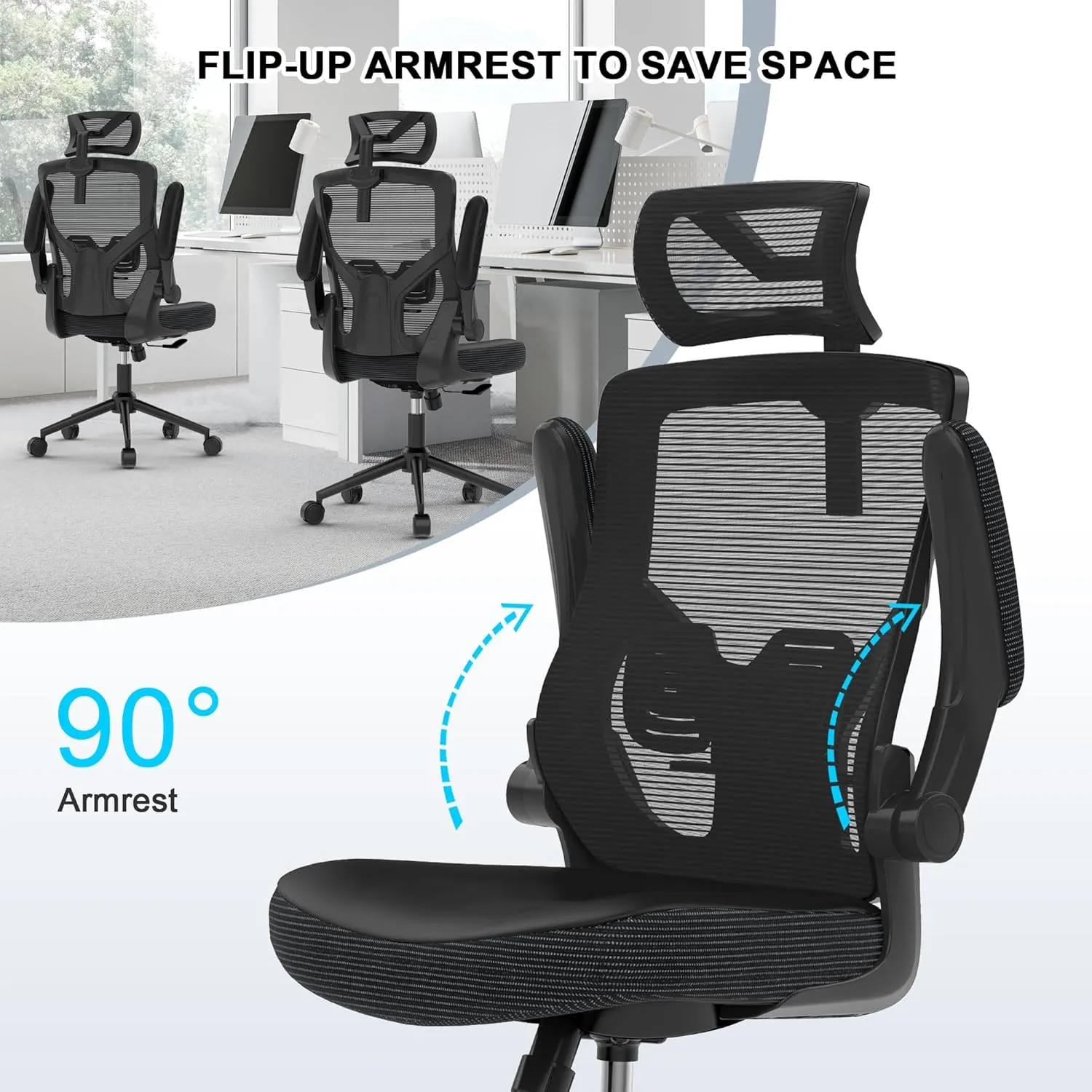 Home Office Chair, Ergonomic Comfy Desk Chair, High Back Computer Chair- Adjustable Headrest with Flip-Up Arms, Lumbar Support, Swivel Executive Task Chair (Modern, Black)