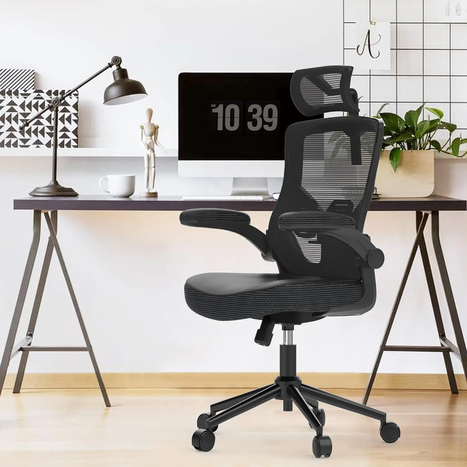 Home Office Chair, Ergonomic Comfy Desk Chair, High Back Computer Chair- Adjustable Headrest with Flip-Up Arms, Lumbar Support, Swivel Executive Task Chair (Modern, Black)