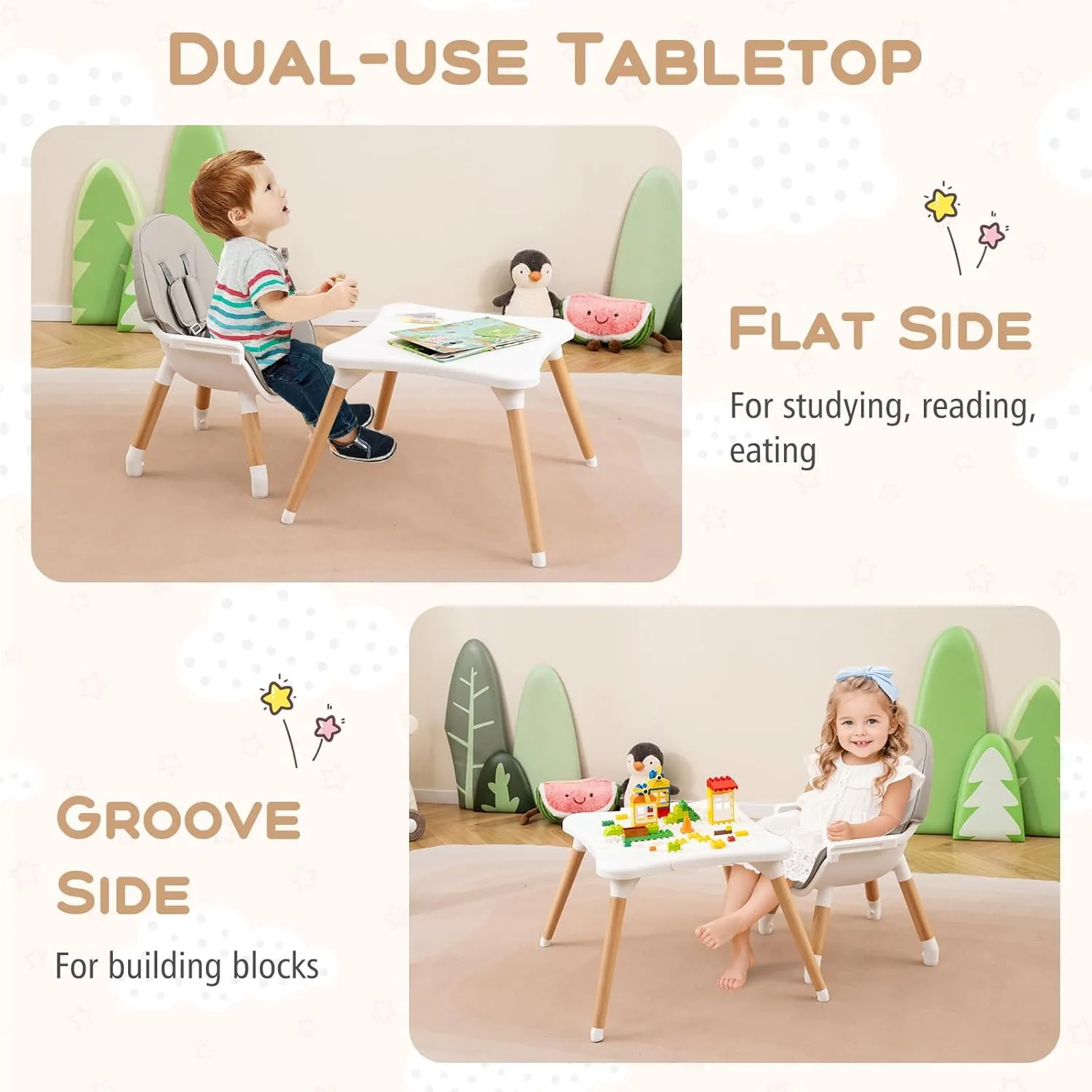 HONEY JOY Baby High Chair, 5-in-1 Convertible Wooden Highchair for Babies and Toddlers/Table and Chair Set/Toddler Stool with Safety Harness, 4-Position Removable Feeding Tray (Gray)