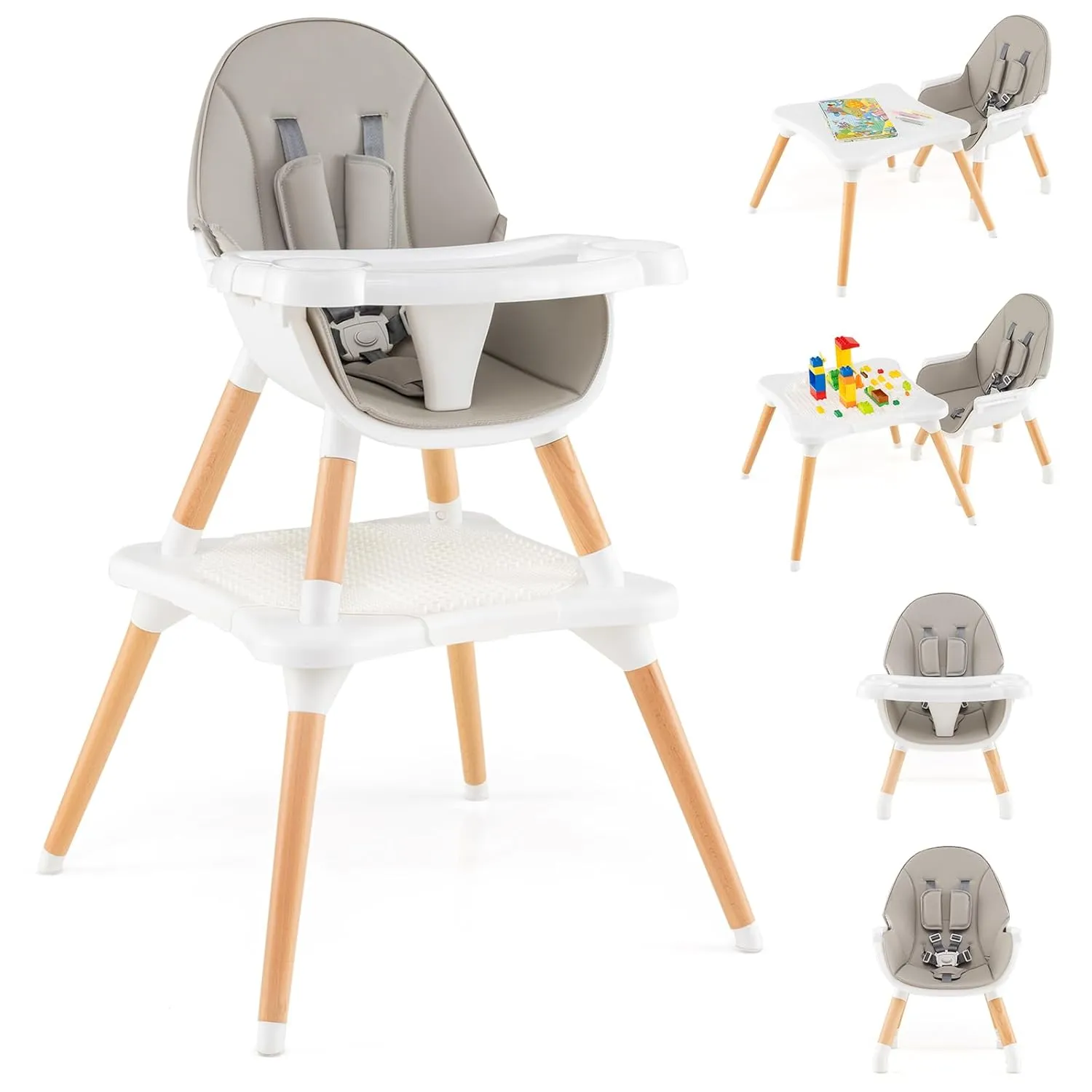 HONEY JOY Baby High Chair, 5-in-1 Convertible Wooden Highchair for Babies and Toddlers/Table and Chair Set/Toddler Stool with Safety Harness, 4-Position Removable Feeding Tray (Gray)