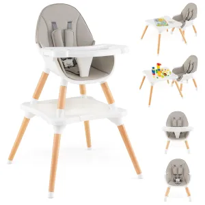 HONEY JOY Baby High Chair, 5-in-1 Convertible Wooden Highchair for Babies and Toddlers/Table and Chair Set/Toddler Stool with Safety Harness, 4-Position Removable Feeding Tray (Gray)