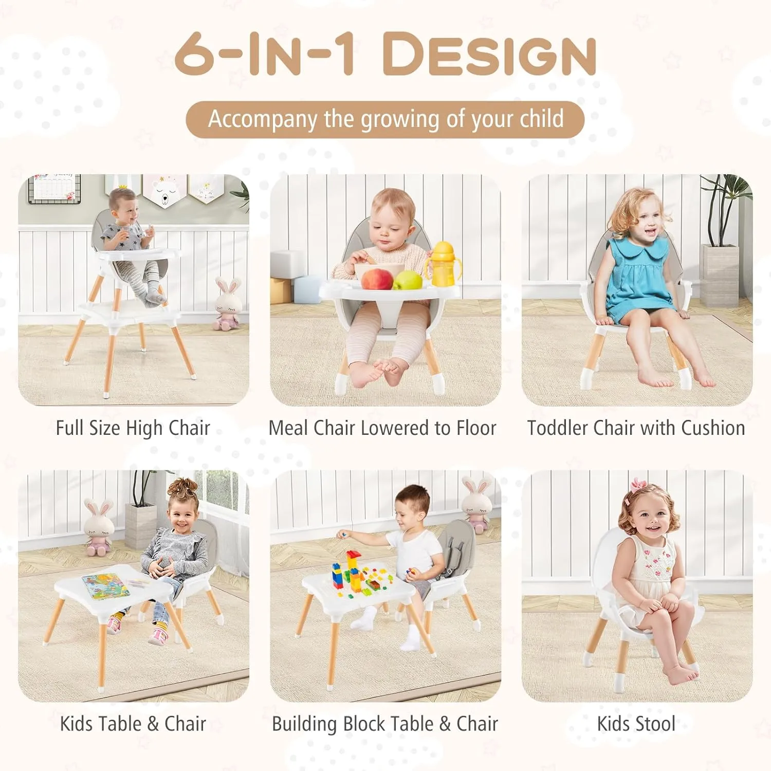 HONEY JOY Baby High Chair, 5-in-1 Convertible Wooden Highchair for Babies and Toddlers/Table and Chair Set/Toddler Stool with Safety Harness, 4-Position Removable Feeding Tray (Gray)