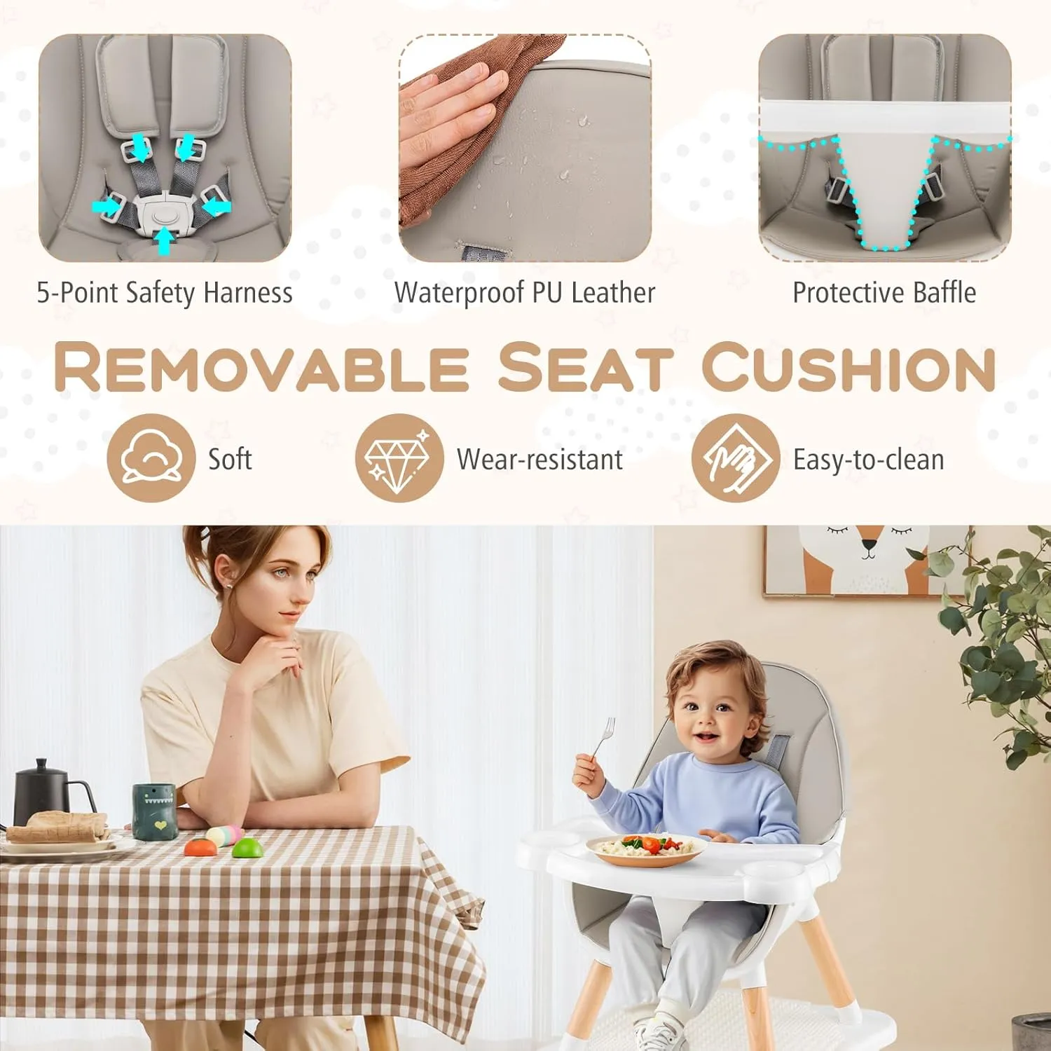 HONEY JOY Baby High Chair, 5-in-1 Convertible Wooden Highchair for Babies and Toddlers/Table and Chair Set/Toddler Stool with Safety Harness, 4-Position Removable Feeding Tray (Gray)