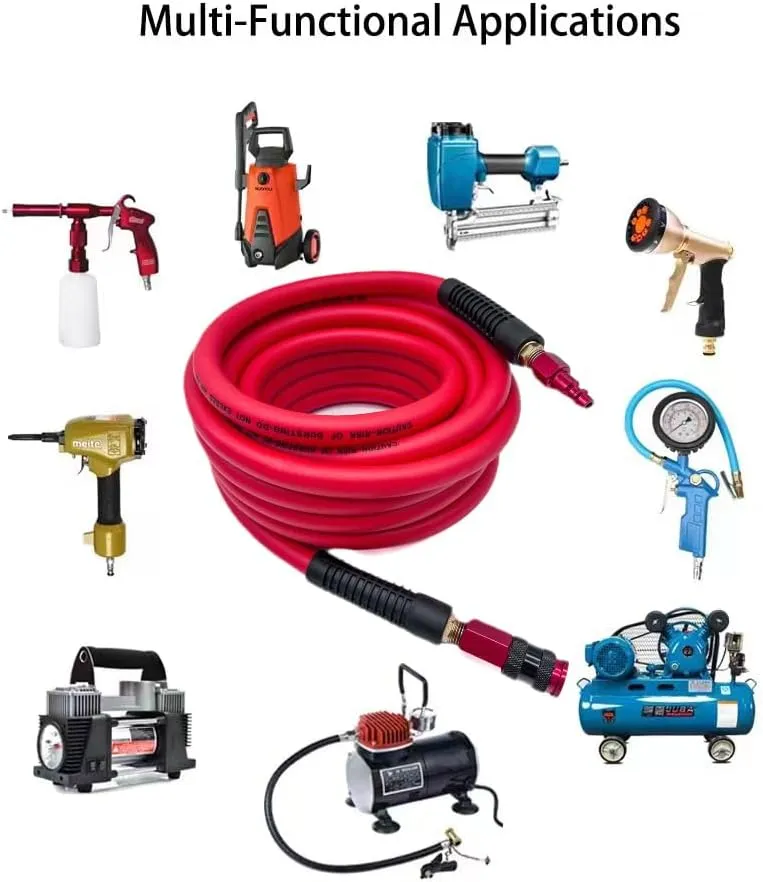 Hybrid Air Hose 3/8-Inch x 25FT，300 PSI Heavy Duty Air Compressor Hose, Lightweight, Kink Resistant, All-Weather Flexibility with 1/4-Inch Swivel Solid Aluminum Quick Coupler and Plug,Red
