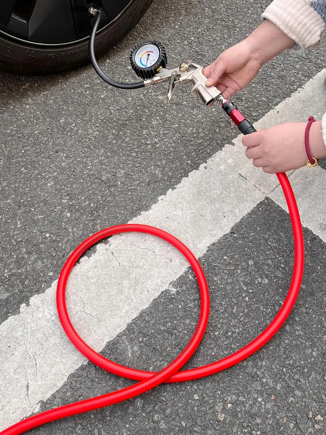 Hybrid Air Hose 3/8-Inch x 25FT，300 PSI Heavy Duty Air Compressor Hose, Lightweight, Kink Resistant, All-Weather Flexibility with 1/4-Inch Swivel Solid Aluminum Quick Coupler and Plug,Red