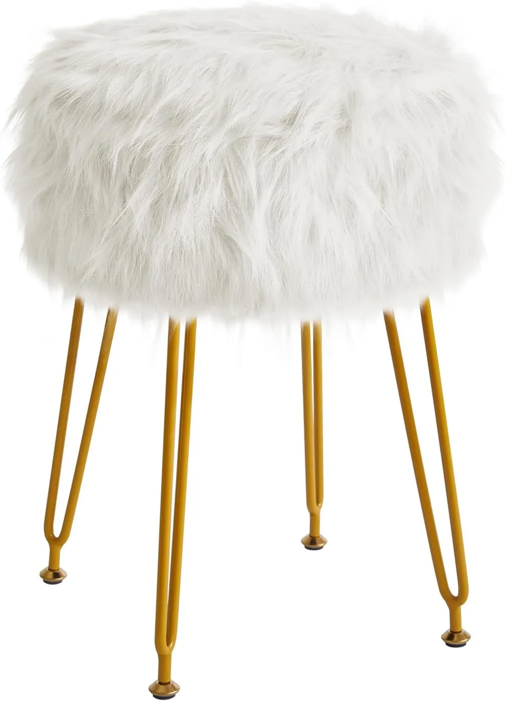 IBUYKE Round Faux Fur Vanity Stool with Storage, Furry Makeup Chair Ottoman, Soft Padded Seat, Round Footrest Footstools with 4 Metal Legs, for Living Room Bedroom Entryway, White WBD021W