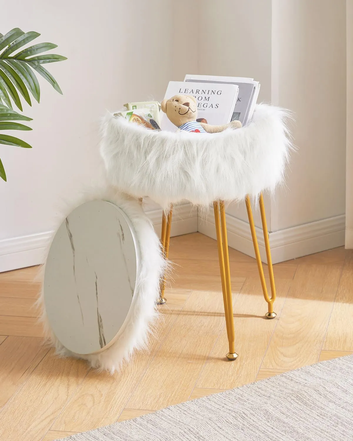 IBUYKE Round Faux Fur Vanity Stool with Storage, Furry Makeup Chair Ottoman, Soft Padded Seat, Round Footrest Footstools with 4 Metal Legs, for Living Room Bedroom Entryway, White WBD021W