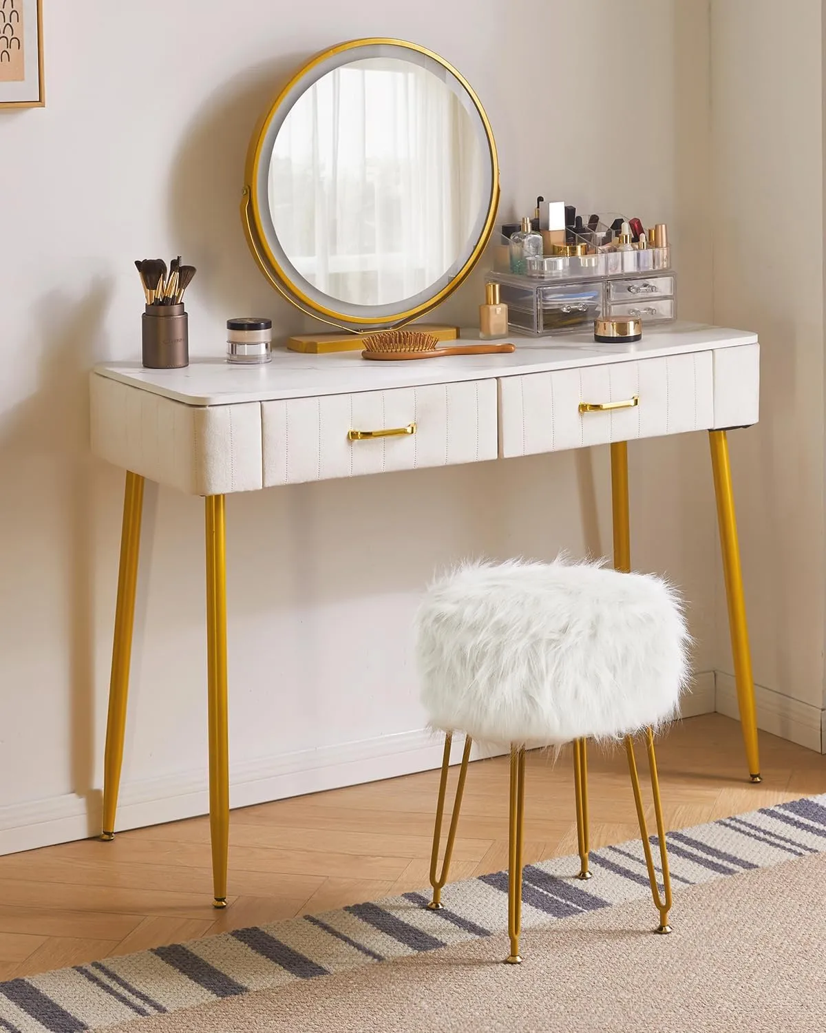 IBUYKE Round Faux Fur Vanity Stool with Storage, Furry Makeup Chair Ottoman, Soft Padded Seat, Round Footrest Footstools with 4 Metal Legs, for Living Room Bedroom Entryway, White WBD021W