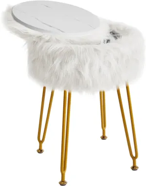 IBUYKE Round Faux Fur Vanity Stool with Storage, Furry Makeup Chair Ottoman, Soft Padded Seat, Round Footrest Footstools with 4 Metal Legs, for Living Room Bedroom Entryway, White WBD021W