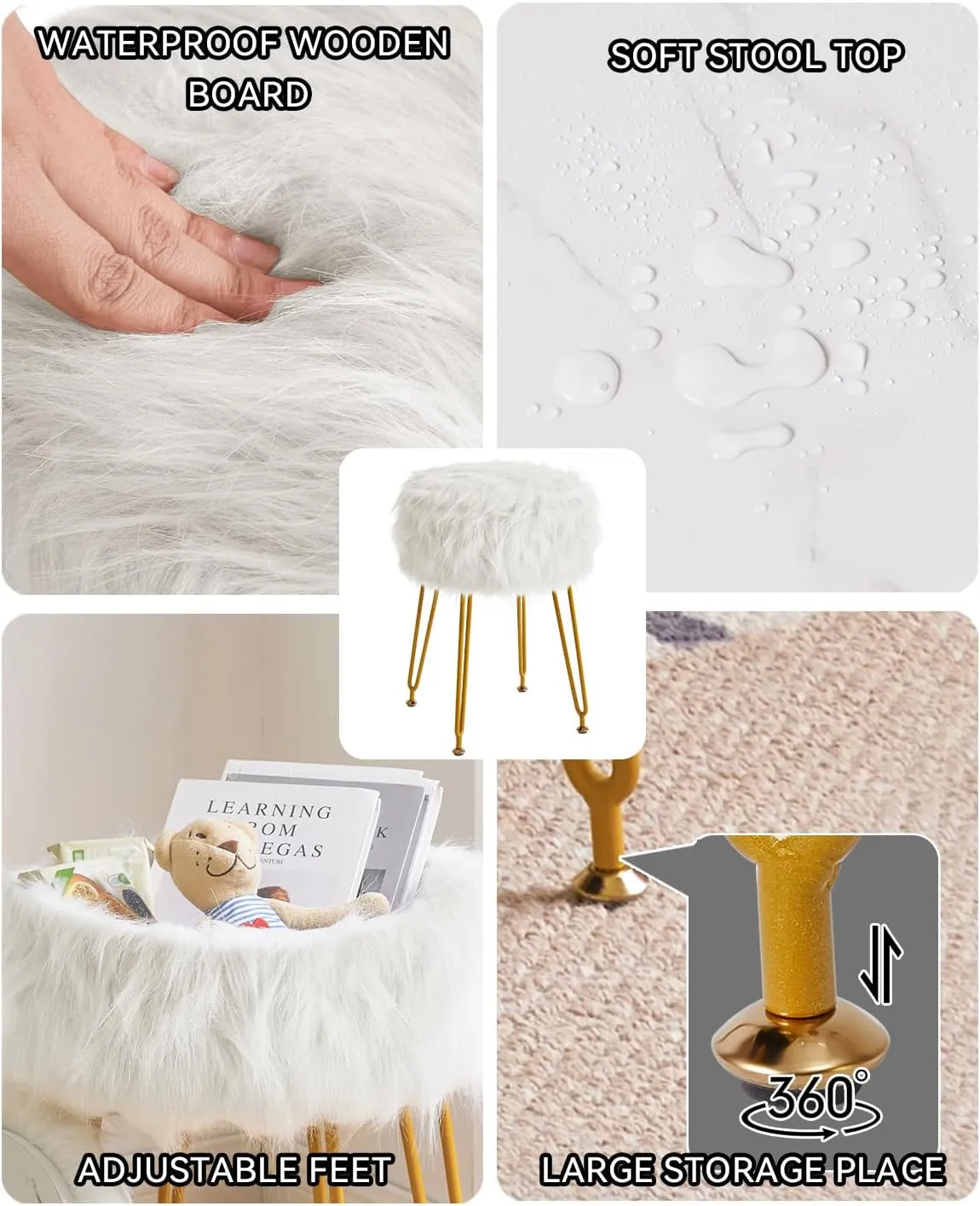 IBUYKE Round Faux Fur Vanity Stool with Storage, Furry Makeup Chair Ottoman, Soft Padded Seat, Round Footrest Footstools with 4 Metal Legs, for Living Room Bedroom Entryway, White WBD021W