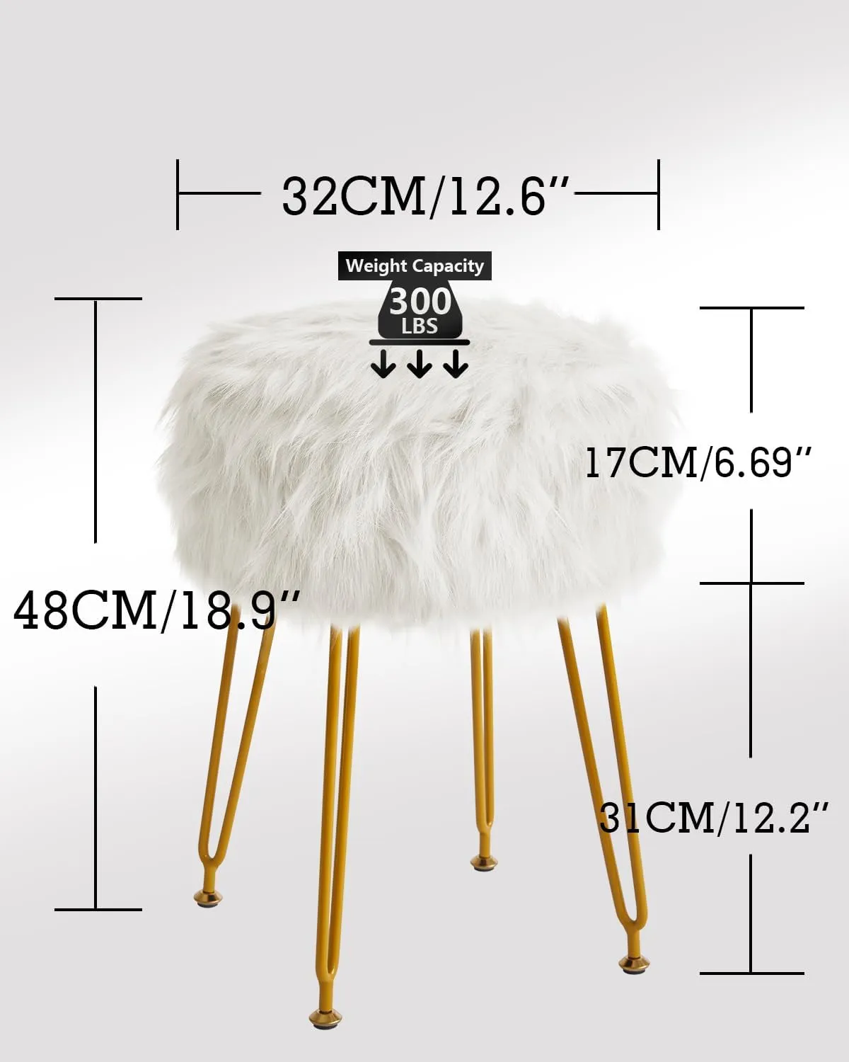 IBUYKE Round Faux Fur Vanity Stool with Storage, Furry Makeup Chair Ottoman, Soft Padded Seat, Round Footrest Footstools with 4 Metal Legs, for Living Room Bedroom Entryway, White WBD021W