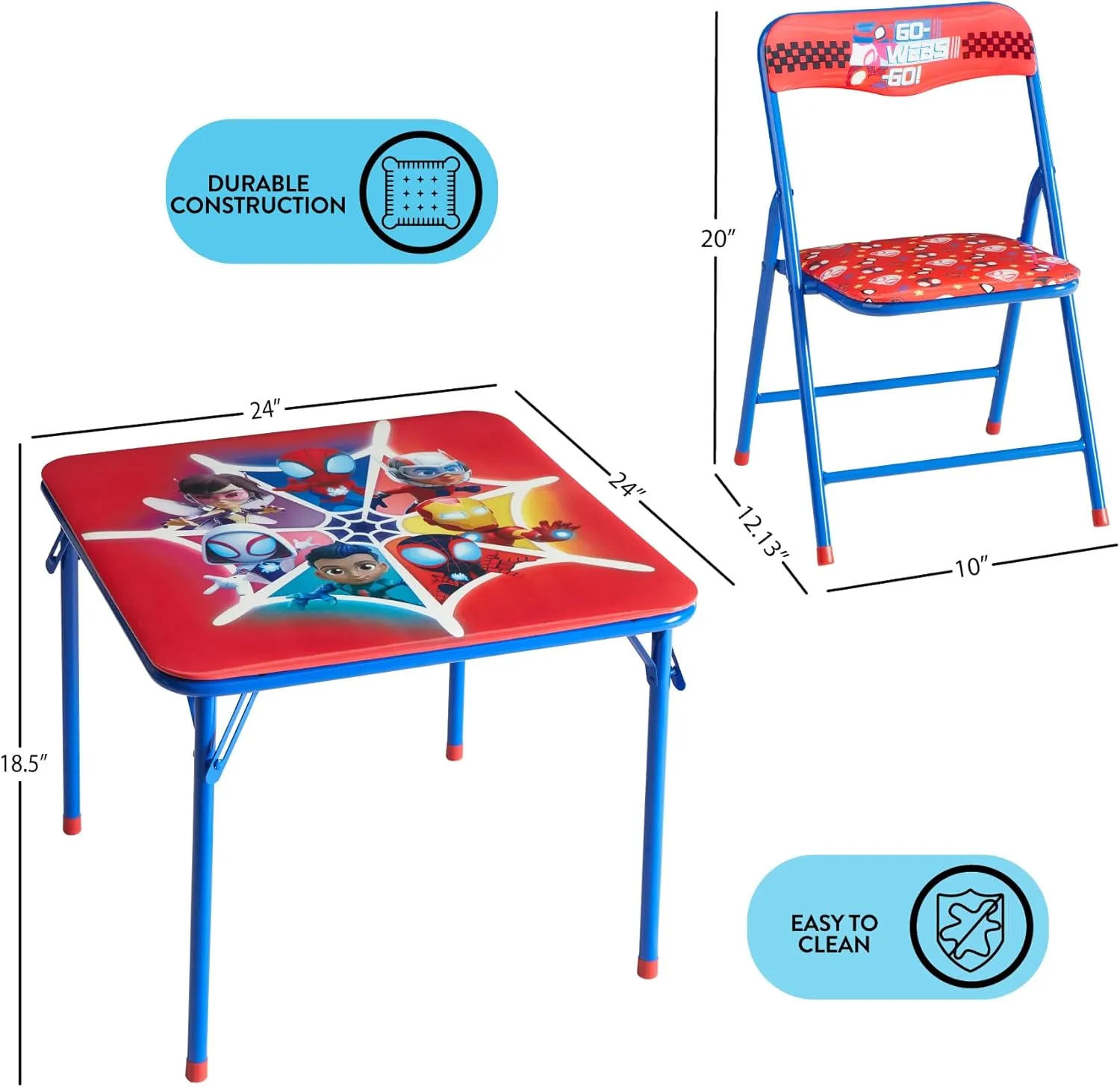 Idea Nuova Marvel Spidey and His Amazing Friends Kids Activity Table and Chair Set,3 Piece Set with Square Table & 2 Folding Chairs, Furniture for Ages 3 , Indoor Play & Learning