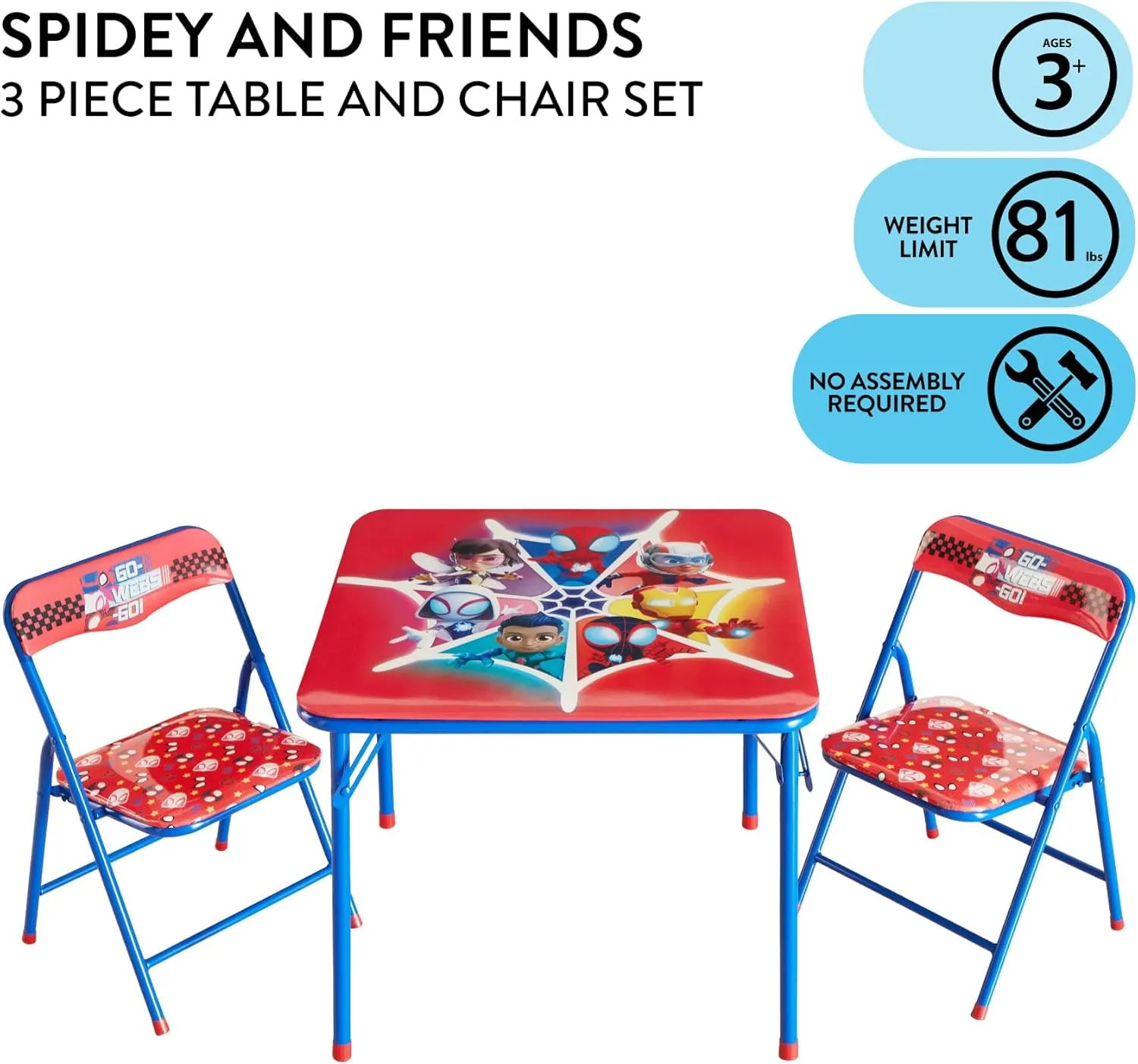 Idea Nuova Marvel Spidey and His Amazing Friends Kids Activity Table and Chair Set,3 Piece Set with Square Table & 2 Folding Chairs, Furniture for Ages 3 , Indoor Play & Learning