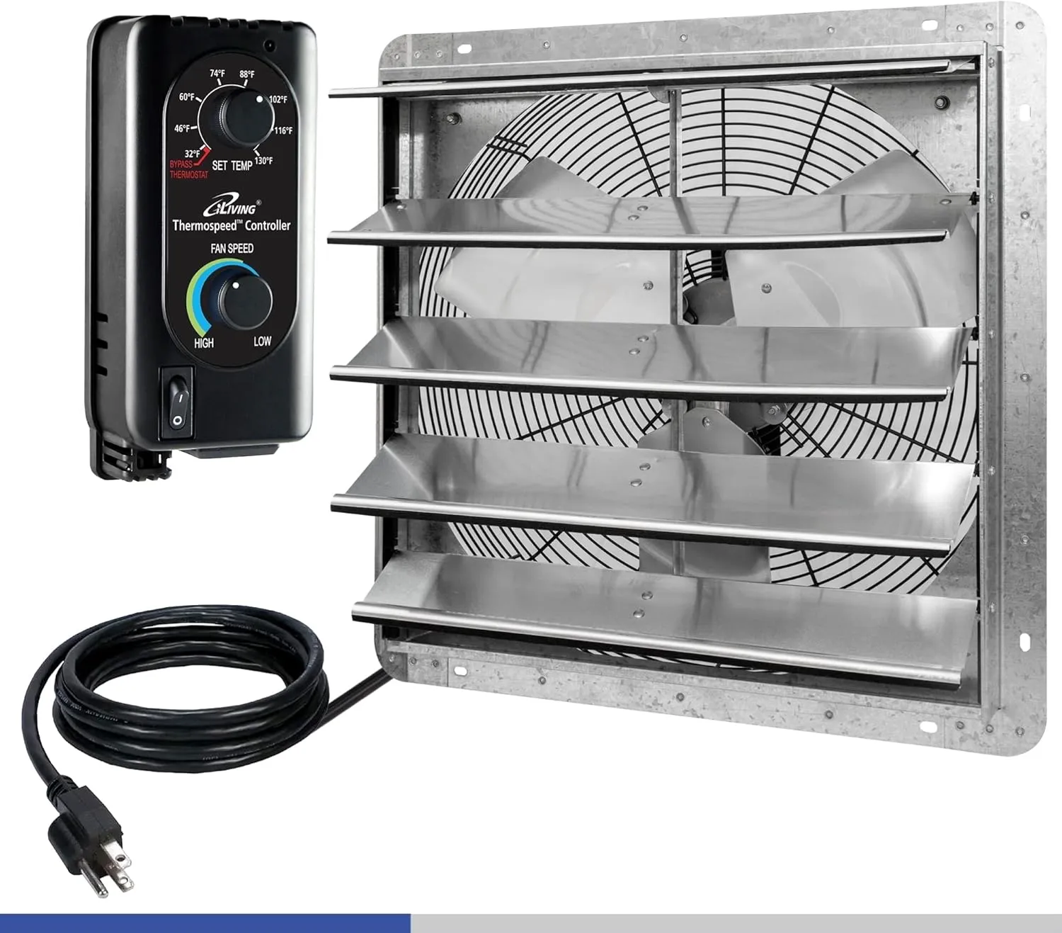 iLIVING 18" Wall Mounted Shutter Exhaust Fan, Automatic Shutter, with Thermostat and Variable Speed controller, 0.85A, 1736 CFM, 2600 SQF Coverage Area Silver (ILG8SF18V-ST)