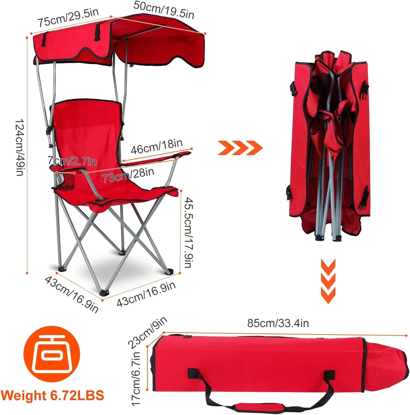 iMounTEK Camping Chair Foldable Canopy Chair with Shade Sun Protection Camping Recliner with Carry Bag Support 330LBS Load Folding Seat with Cup Holder for Fishing/Beach/Poolside/Travel/Picnic