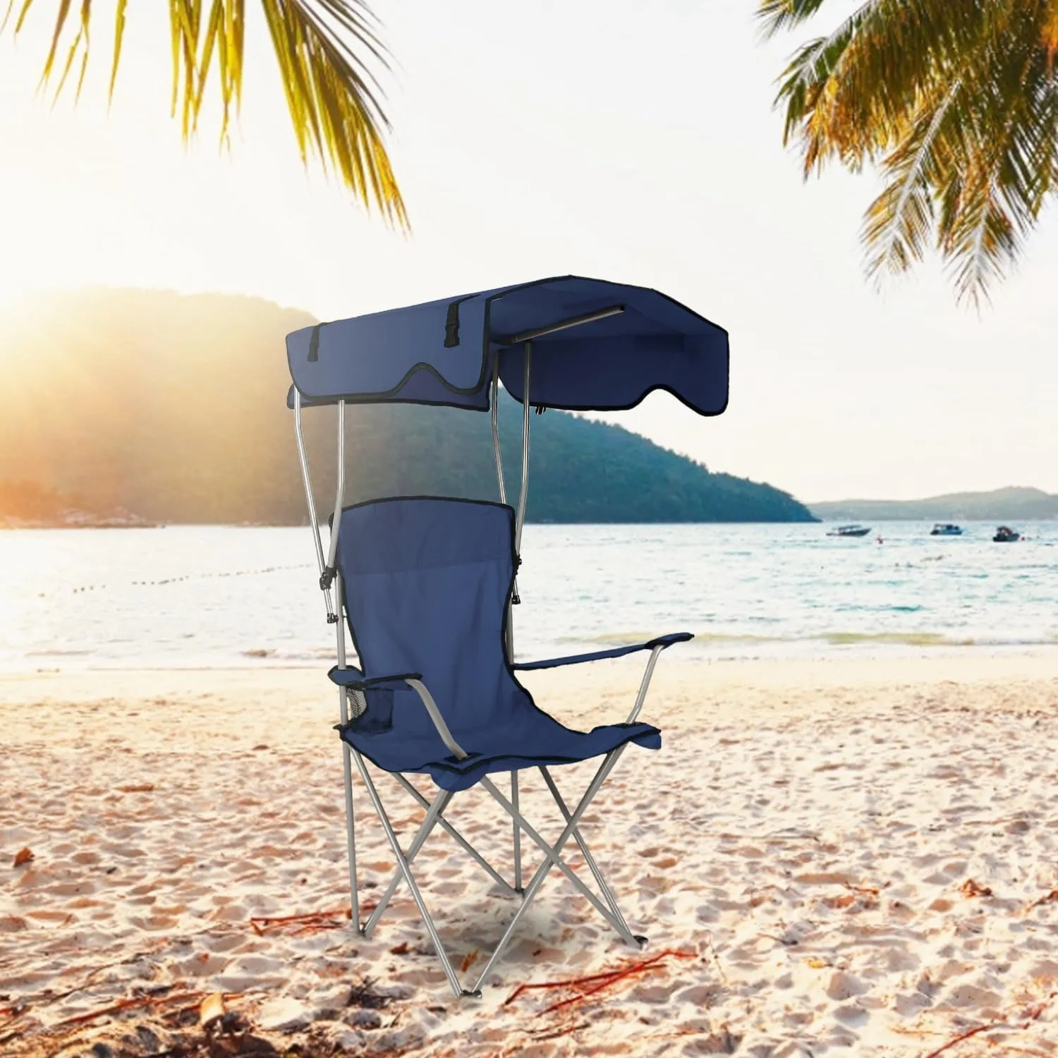 iMounTEK Folding Chair for Outside Camping Chair Foldable Canopy Chair with Shade Sun Protection Camping Recliner a Carrying Bag with Cup Holder for Fishing/Beach/Poolside/Travel(Navyblue)