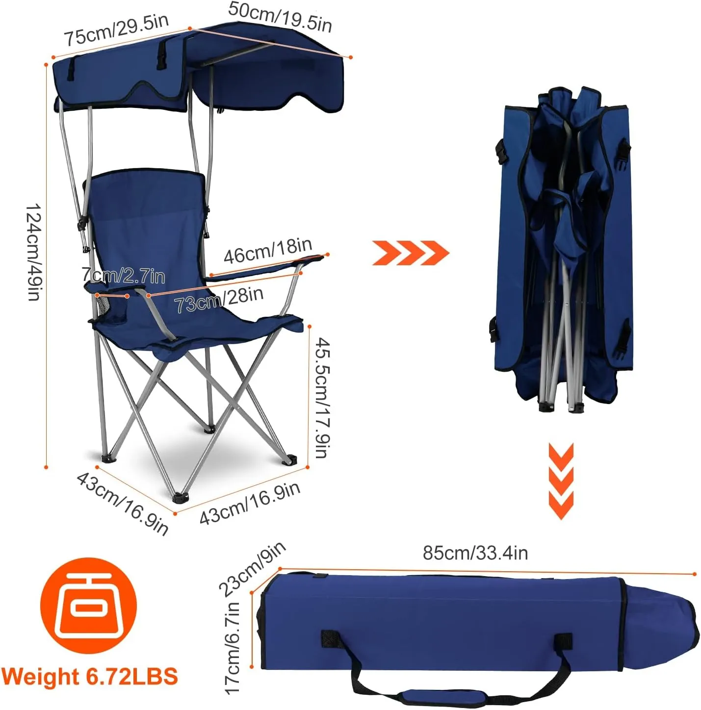 iMounTEK Folding Chair for Outside Camping Chair Foldable Canopy Chair with Shade Sun Protection Camping Recliner a Carrying Bag with Cup Holder for Fishing/Beach/Poolside/Travel(Navyblue)