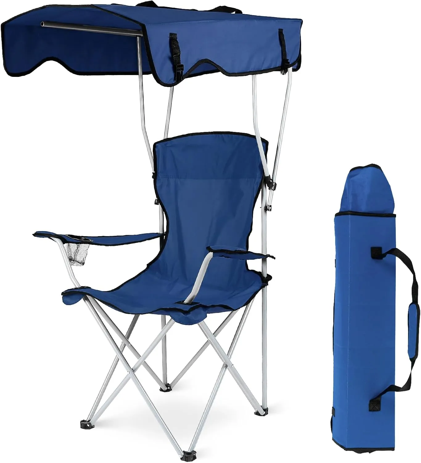 iMounTEK Folding Chair for Outside Camping Chair Foldable Canopy Chair with Shade Sun Protection Camping Recliner a Carrying Bag with Cup Holder for Fishing/Beach/Poolside/Travel(Navyblue)