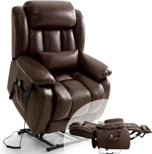 Infinite Position Lay Flat Lift Recliner Chair for Adults, Dual Motor Power Lift Chair for Elderly with Massage & Heating, Extended Footrest, USB Ports, Remote Control & Lumbar Pillow, Leather (Brown)