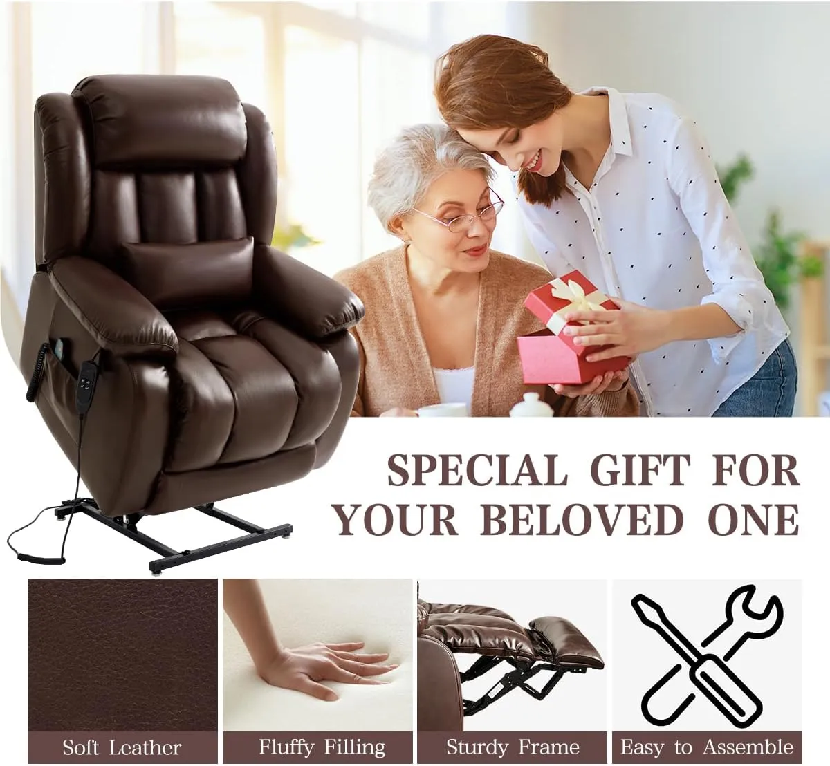 Infinite Position Lay Flat Lift Recliner Chair for Adults, Dual Motor Power Lift Chair for Elderly with Massage & Heating, Extended Footrest, USB Ports, Remote Control & Lumbar Pillow, Leather (Brown)