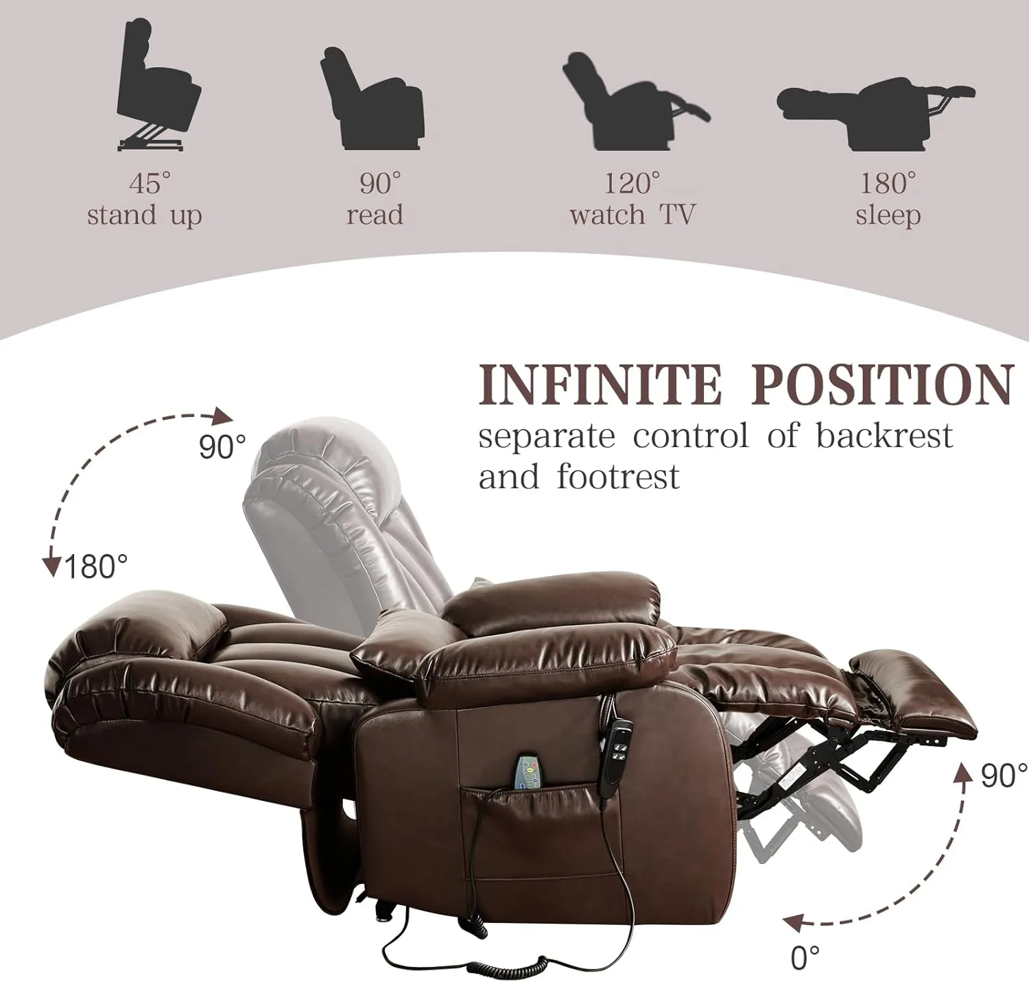 Infinite Position Lay Flat Lift Recliner Chair for Adults, Dual Motor Power Lift Chair for Elderly with Massage & Heating, Extended Footrest, USB Ports, Remote Control & Lumbar Pillow, Leather (Brown)