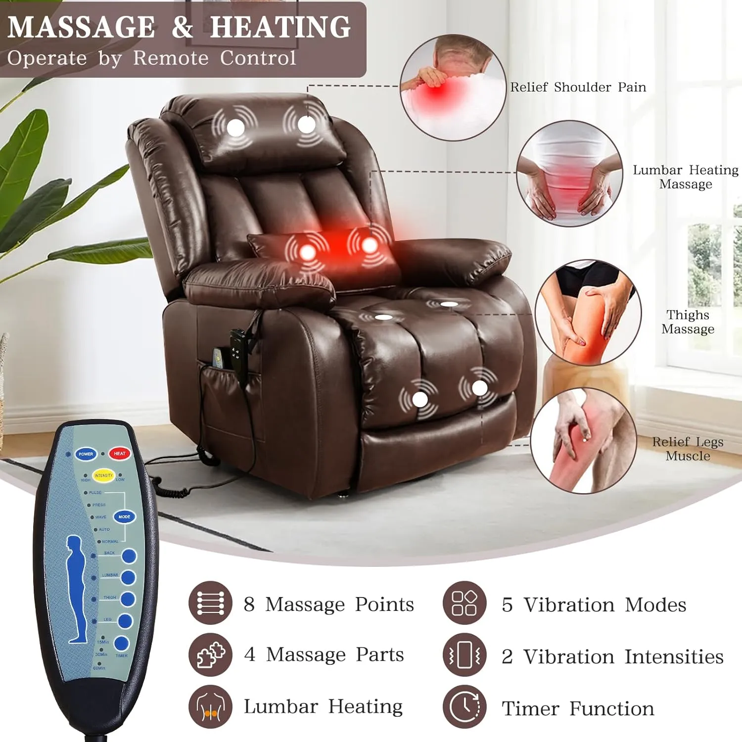 Infinite Position Lay Flat Lift Recliner Chair for Adults, Dual Motor Power Lift Chair for Elderly with Massage & Heating, Extended Footrest, USB Ports, Remote Control & Lumbar Pillow, Leather (Brown)