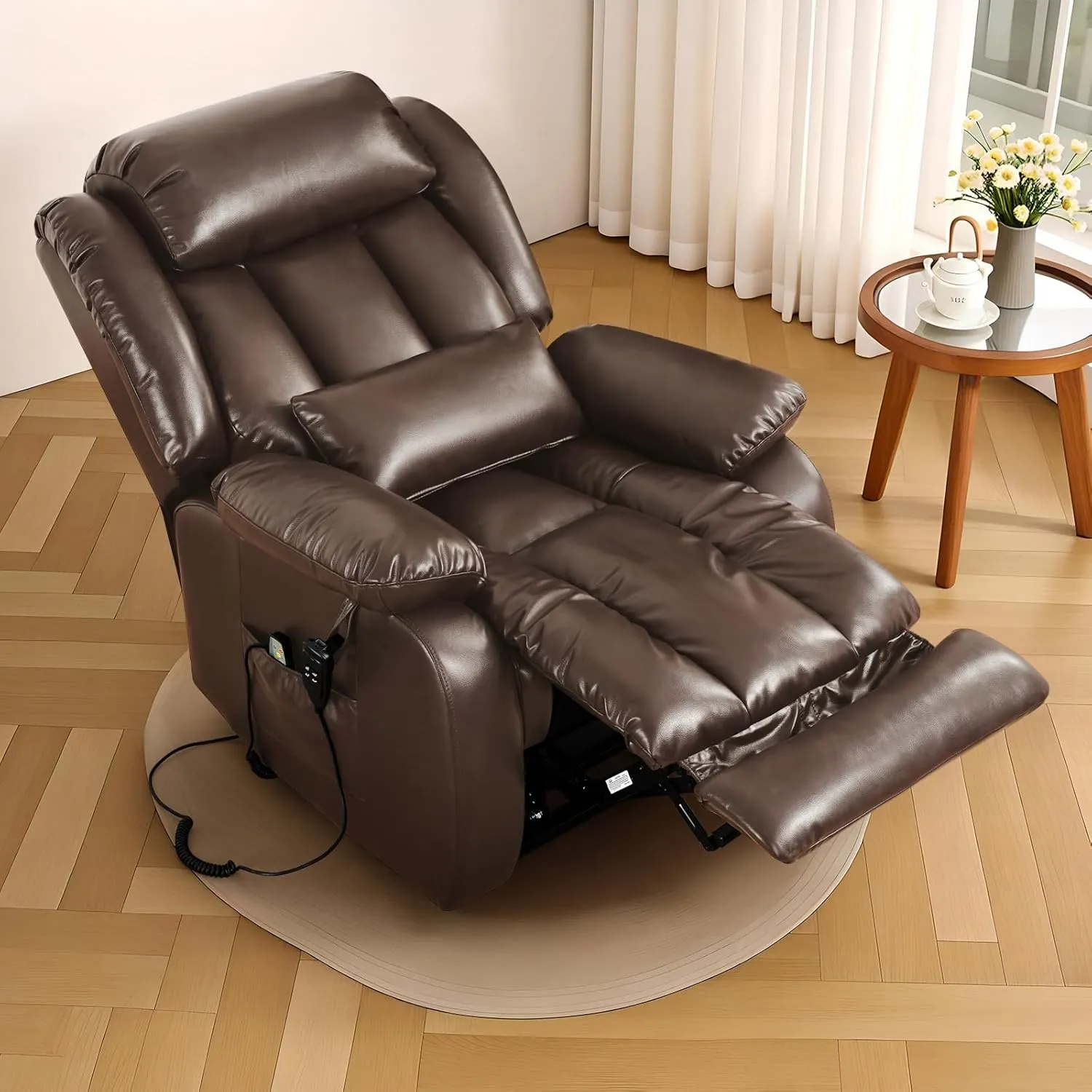 Infinite Position Lay Flat Lift Recliner Chair for Adults, Dual Motor Power Lift Chair for Elderly with Massage & Heating, Extended Footrest, USB Ports, Remote Control & Lumbar Pillow, Leather (Brown)