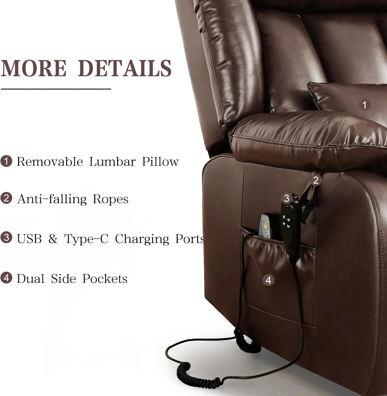 Infinite Position Lay Flat Lift Recliner Chair for Adults, Dual Motor Power Lift Chair for Elderly with Massage & Heating, Extended Footrest, USB Ports, Remote Control & Lumbar Pillow, Leather (Brown)