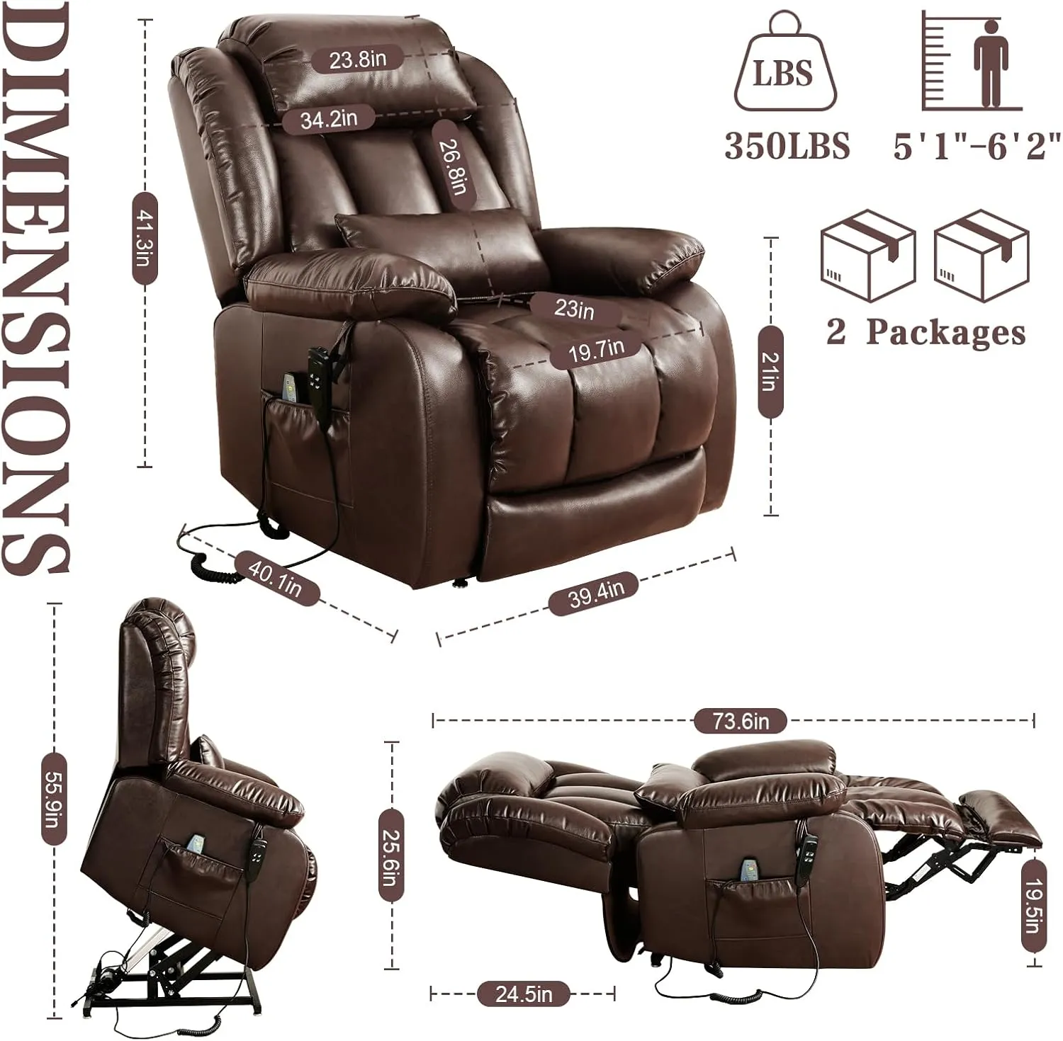 Infinite Position Lay Flat Lift Recliner Chair for Adults, Dual Motor Power Lift Chair for Elderly with Massage & Heating, Extended Footrest, USB Ports, Remote Control & Lumbar Pillow, Leather (Brown)