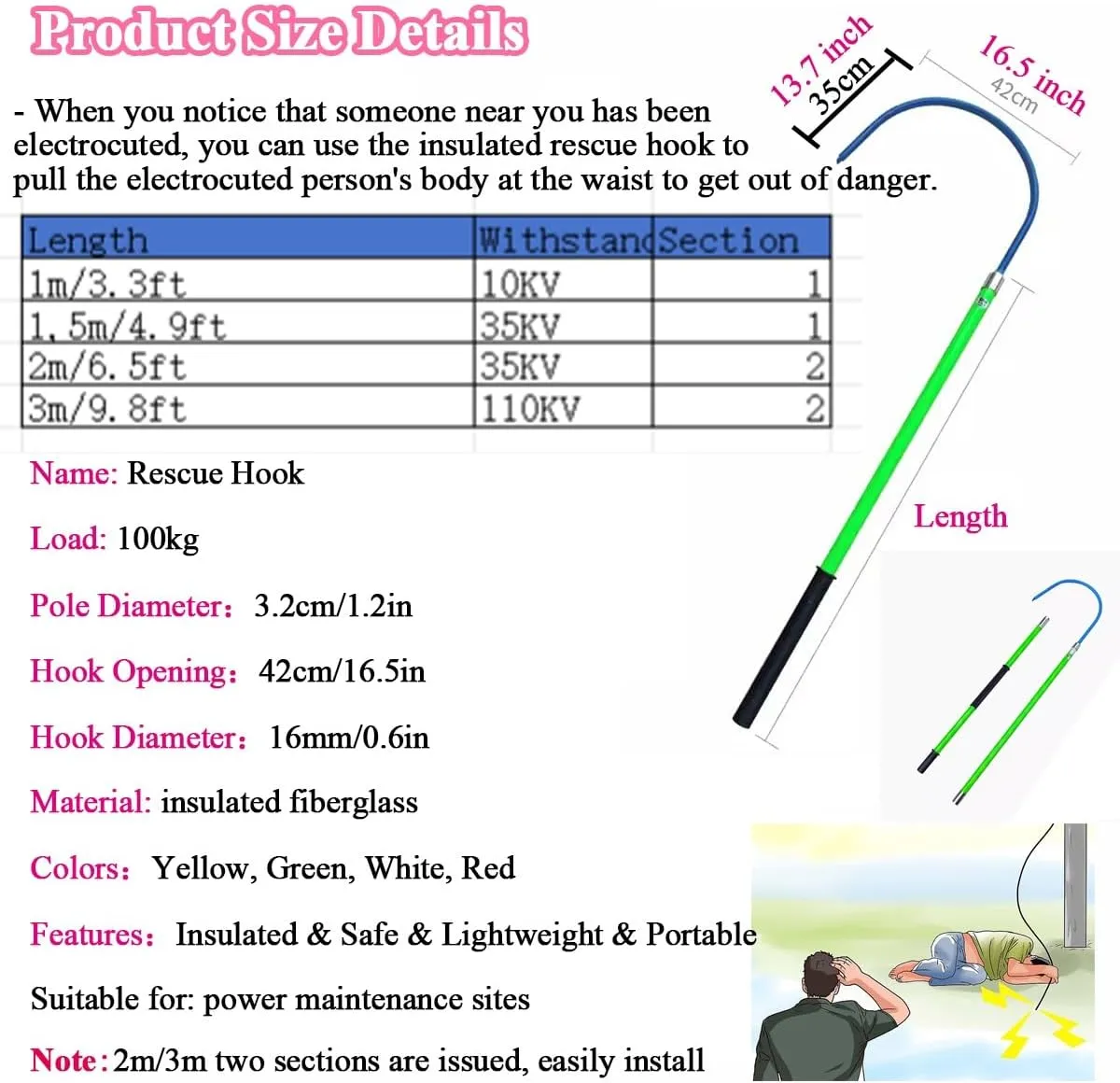 Insulated Body Rescue Hook, Anti-electrocution Safety Tool Rescue Stick Life-Saving Pole For Electric Shock, Firefighter Electrician High Voltage Pulling Man Hook, Emergency Electric Power Life Hook(R