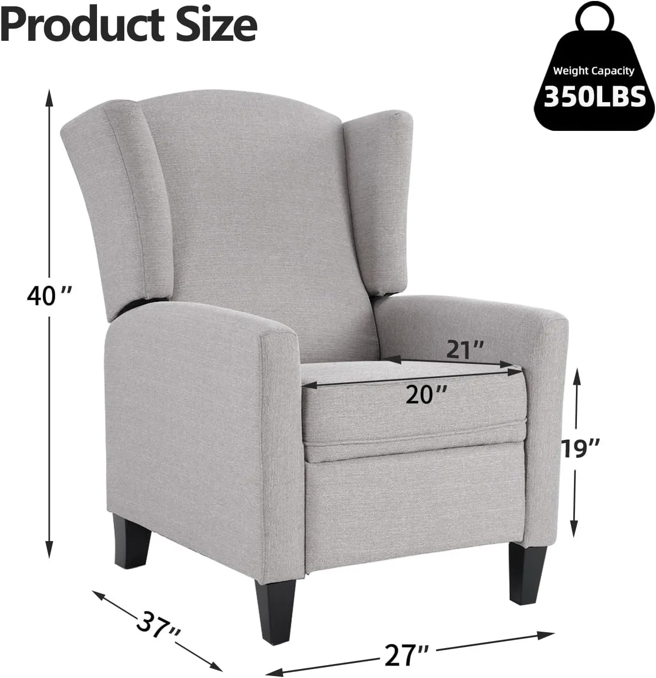 INZOY Wingback Pushback Recliner Chair, Fabric Push Back Recliners with Padded Seat, Mid Century Modern Reclining Chair for Living Room Bedroom, Grey