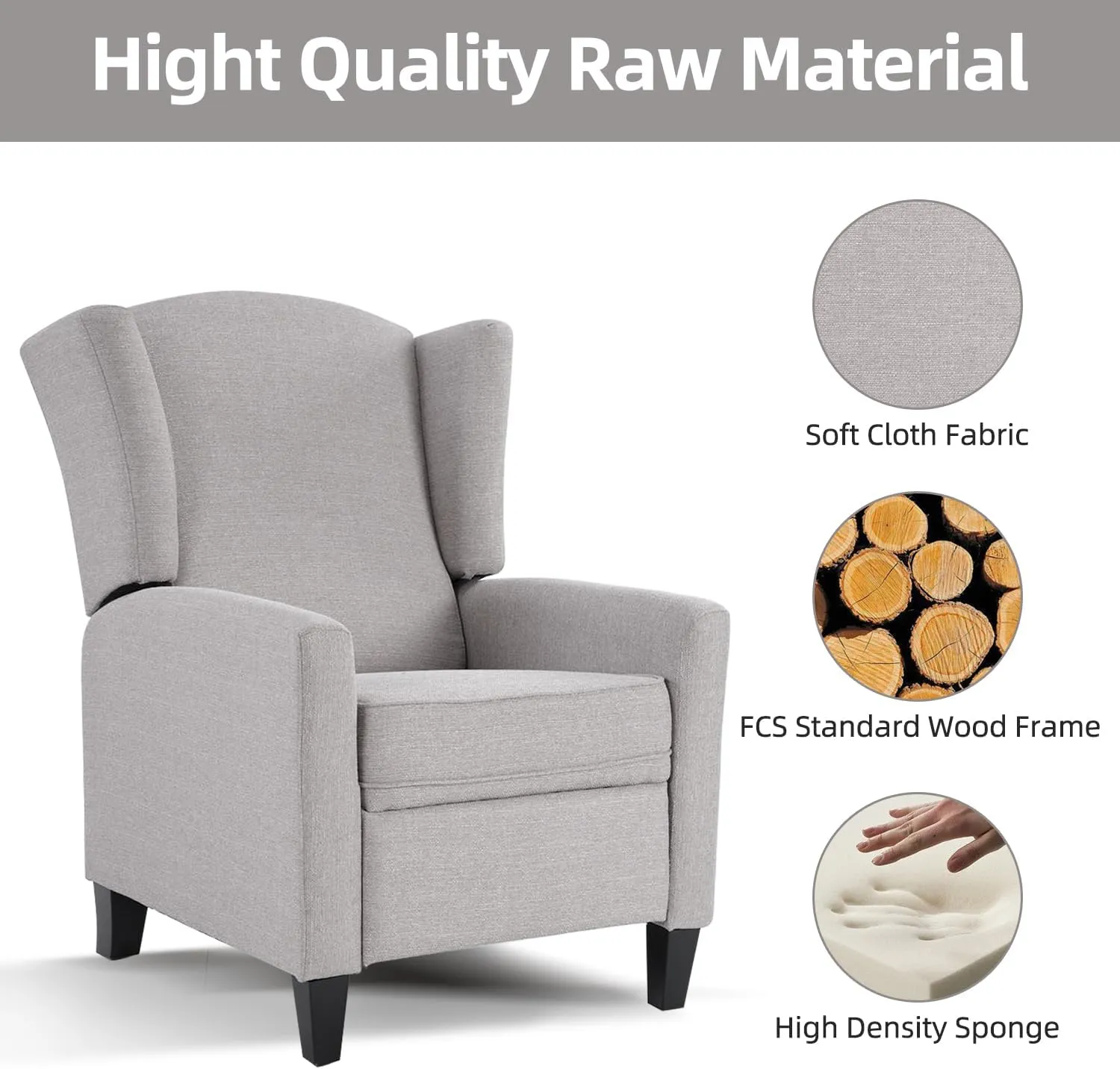 INZOY Wingback Pushback Recliner Chair, Fabric Push Back Recliners with Padded Seat, Mid Century Modern Reclining Chair for Living Room Bedroom, Grey