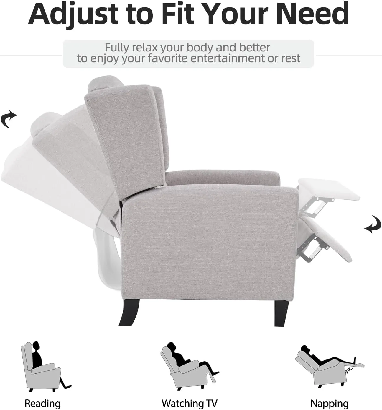 INZOY Wingback Pushback Recliner Chair, Fabric Push Back Recliners with Padded Seat, Mid Century Modern Reclining Chair for Living Room Bedroom, Grey