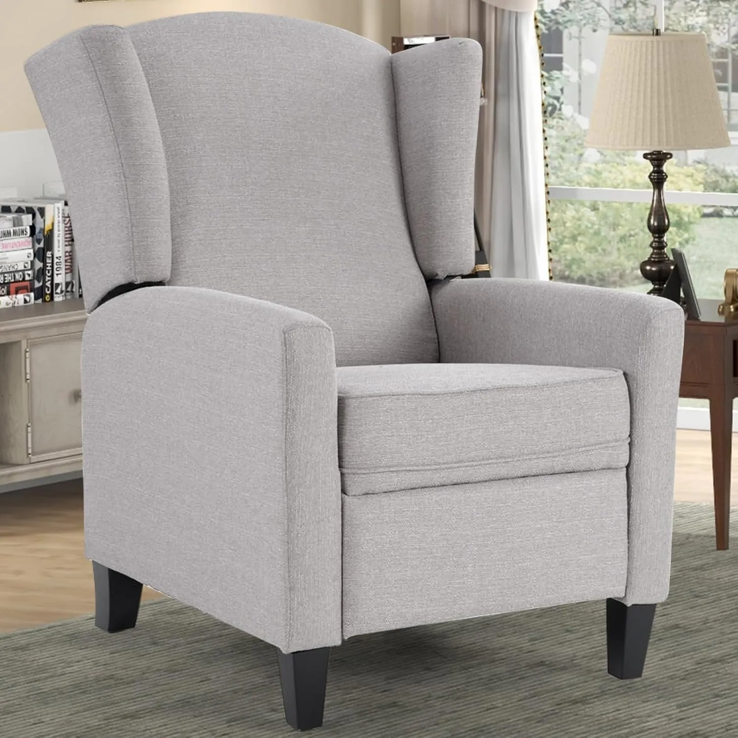INZOY Wingback Pushback Recliner Chair, Fabric Push Back Recliners with Padded Seat, Mid Century Modern Reclining Chair for Living Room Bedroom, Grey