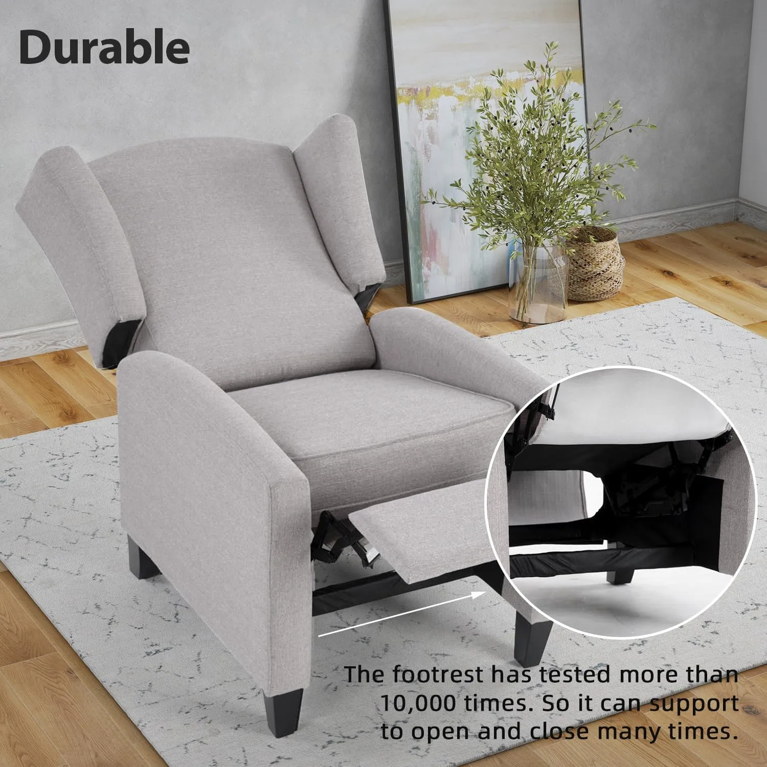 INZOY Wingback Pushback Recliner Chair, Fabric Push Back Recliners with Padded Seat, Mid Century Modern Reclining Chair for Living Room Bedroom, Grey
