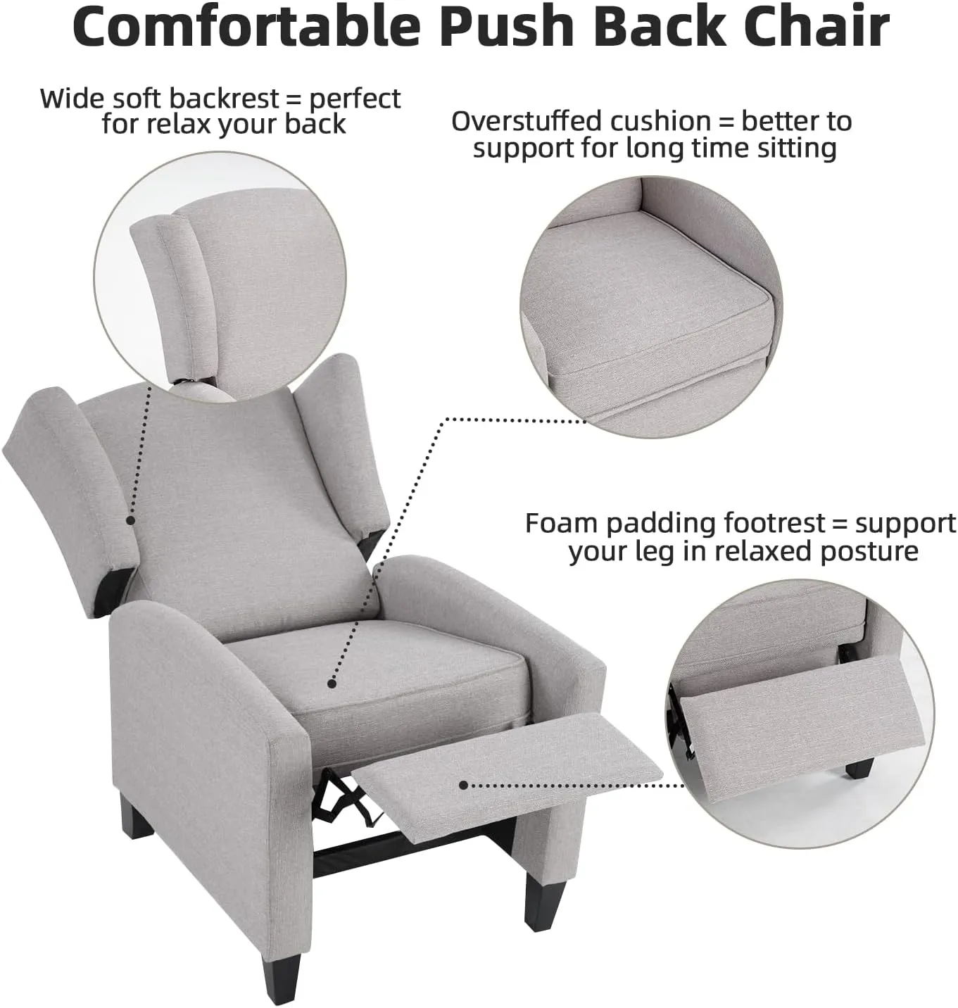 INZOY Wingback Pushback Recliner Chair, Fabric Push Back Recliners with Padded Seat, Mid Century Modern Reclining Chair for Living Room Bedroom, Grey
