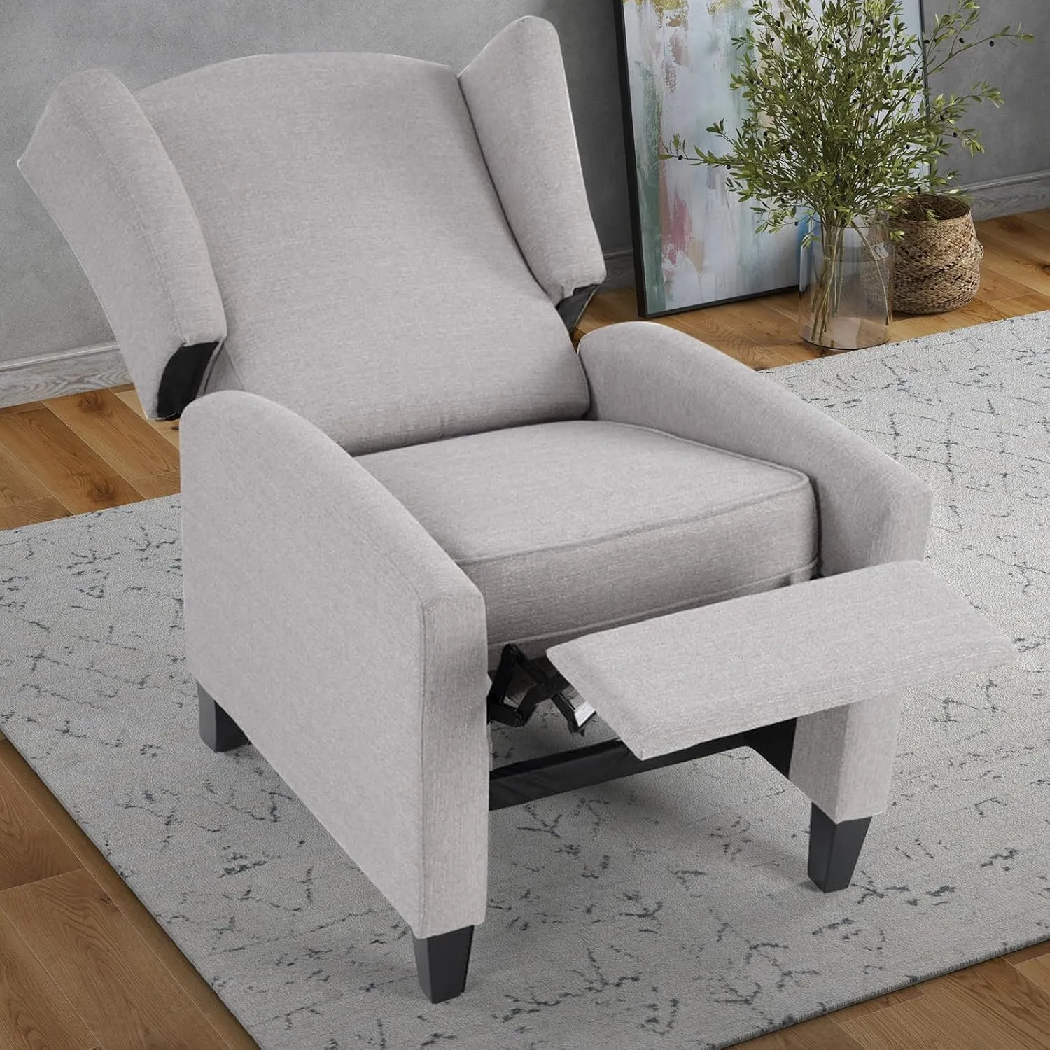INZOY Wingback Pushback Recliner Chair, Fabric Push Back Recliners with Padded Seat, Mid Century Modern Reclining Chair for Living Room Bedroom, Grey