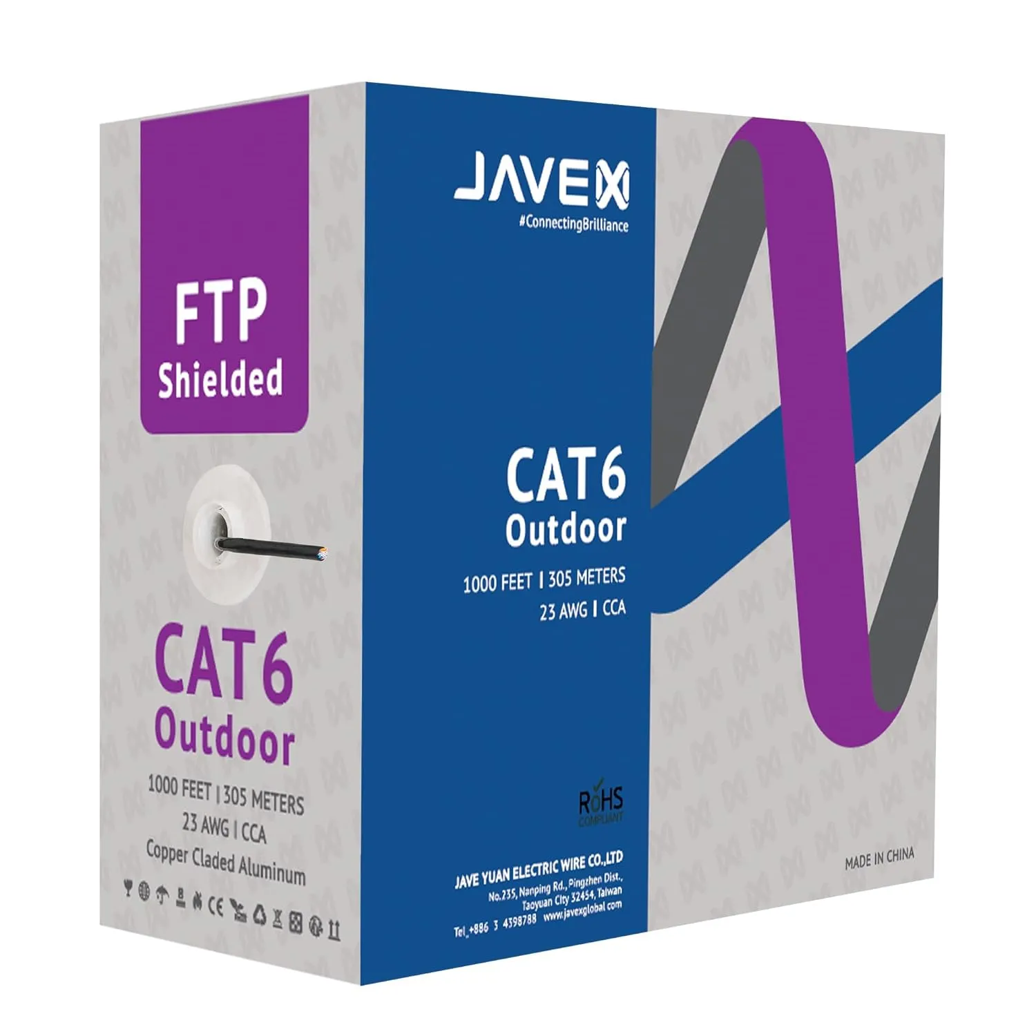 JAVEX CAT6 FTP Shielded Outdoor(1000 Feet), 23AWG, CCA Ethernet Bulk Cable, Easy-Pull Box, 305m, Black