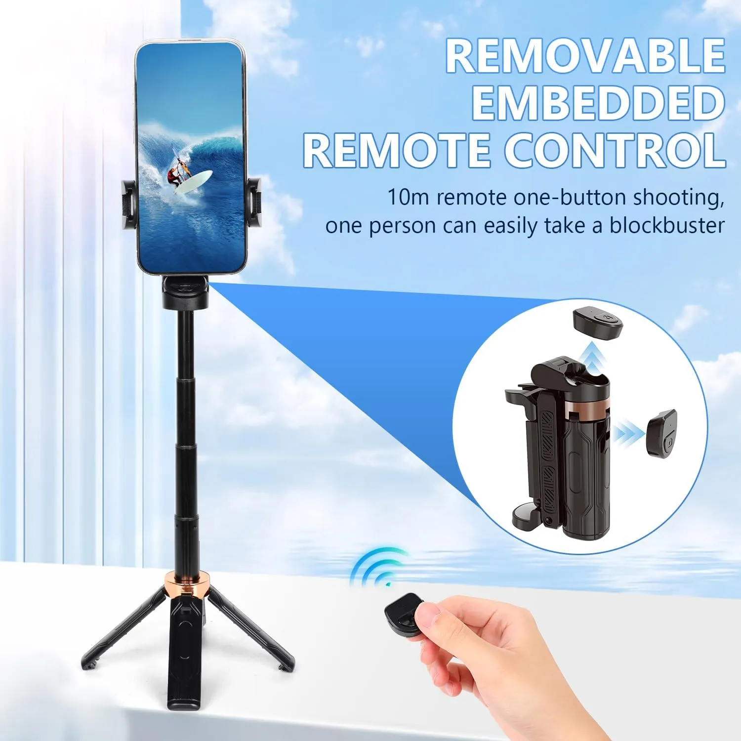 JC-25 Mini Selfie Stick Tripod, Floor-Standing Quadripod for Taking Photos, with Detachable Embedded Remote Control, 3-in-1 Travel Portable Pocket Tripod (Black)