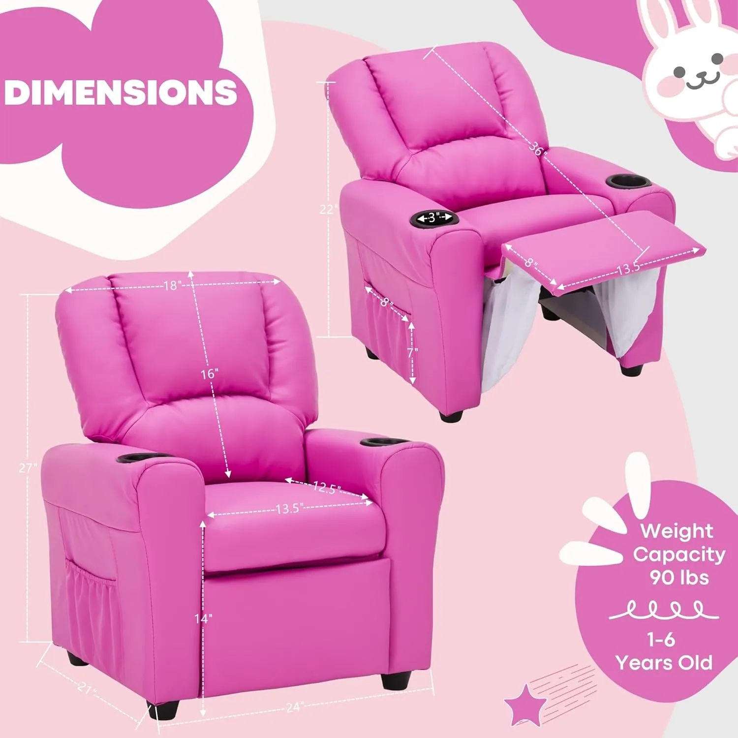 JC HOME Candy Kids Reclining Chair Leather Recliner Sofa Push Back Toddler Youth Children Child Ages 1-6